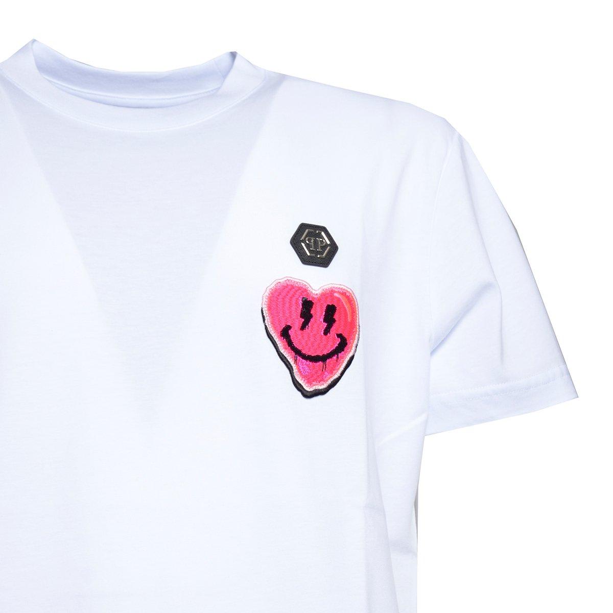 Shop Philipp Plein Logo-patch Crerwneck T-shirt In Bianco/fucsia
