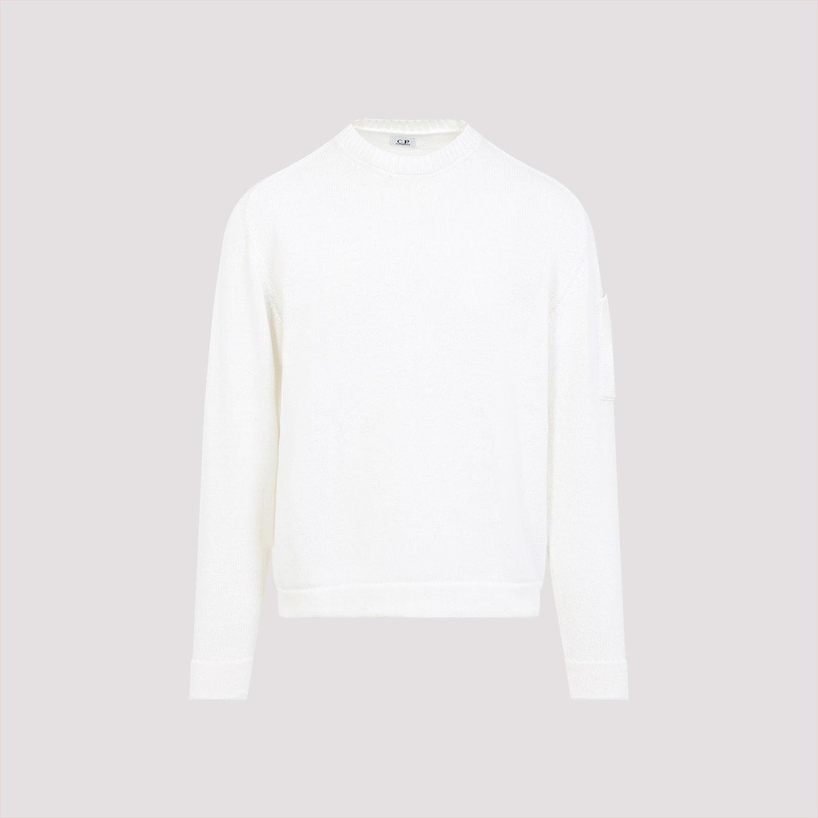 C.p. Company Crew Neck Sweater With Textured Finish And Logo Patch In Gauze White