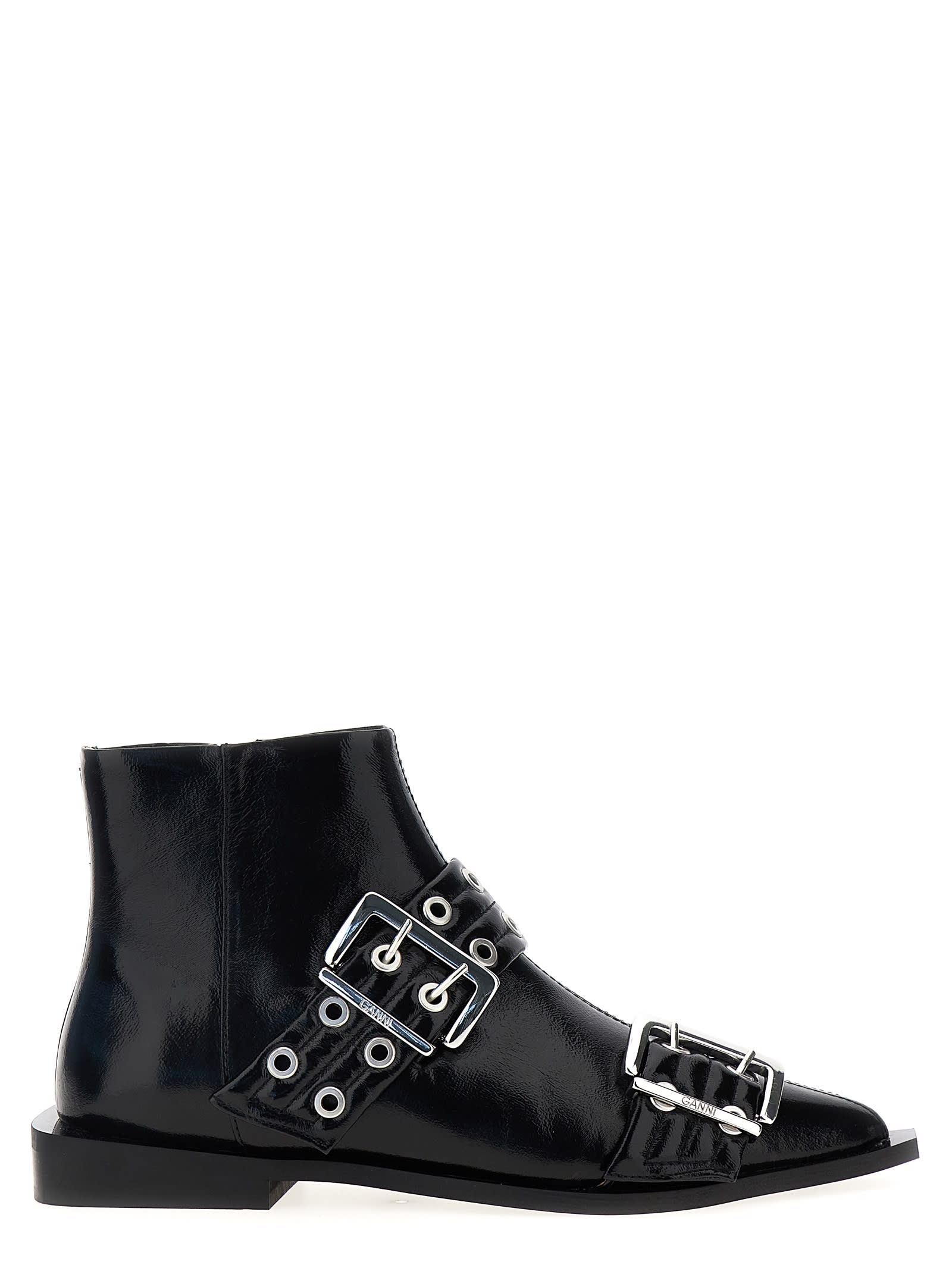 Shop Ganni Wide Belt Buckle Ankle Boots In Black