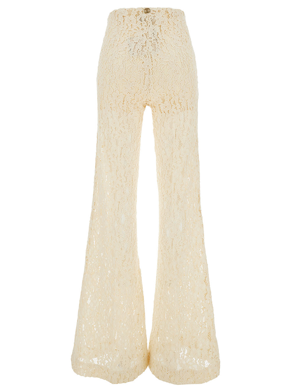Shop Twinset Cream White High-waisted Pants In Lace Woman In Beige