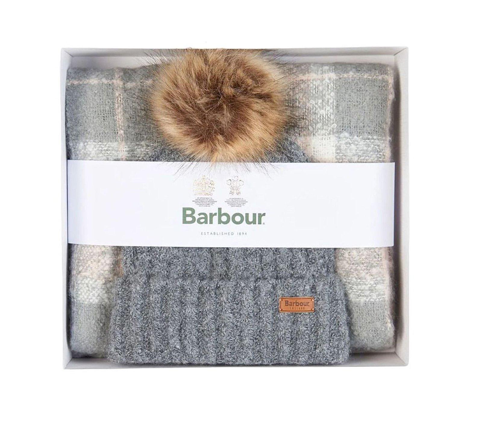 Shop Barbour Saltburn Tartan Scarf & Beanie Knitted Set  In Grey