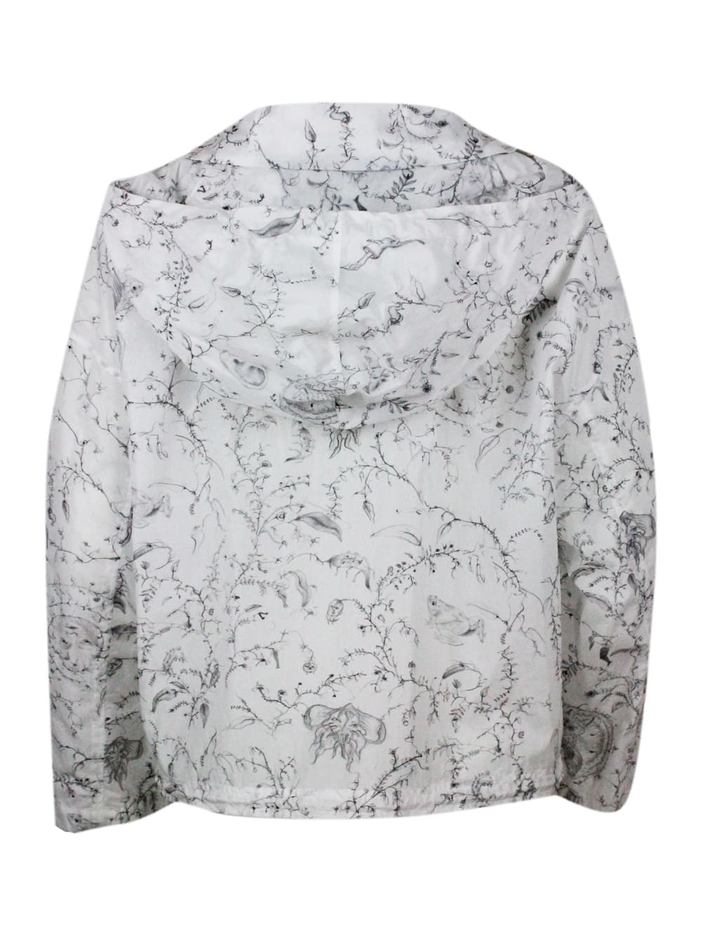 Shop Fabiana Filippi Windproof Jacket In Light Nylon With Hood And Button Closure In Branch Pattern Print In White