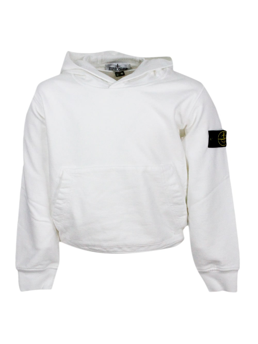 Stone Island Kids' Cotton Sweatshirt With Hood, Kangaroo Pockets And Logo On The Sleeve In White