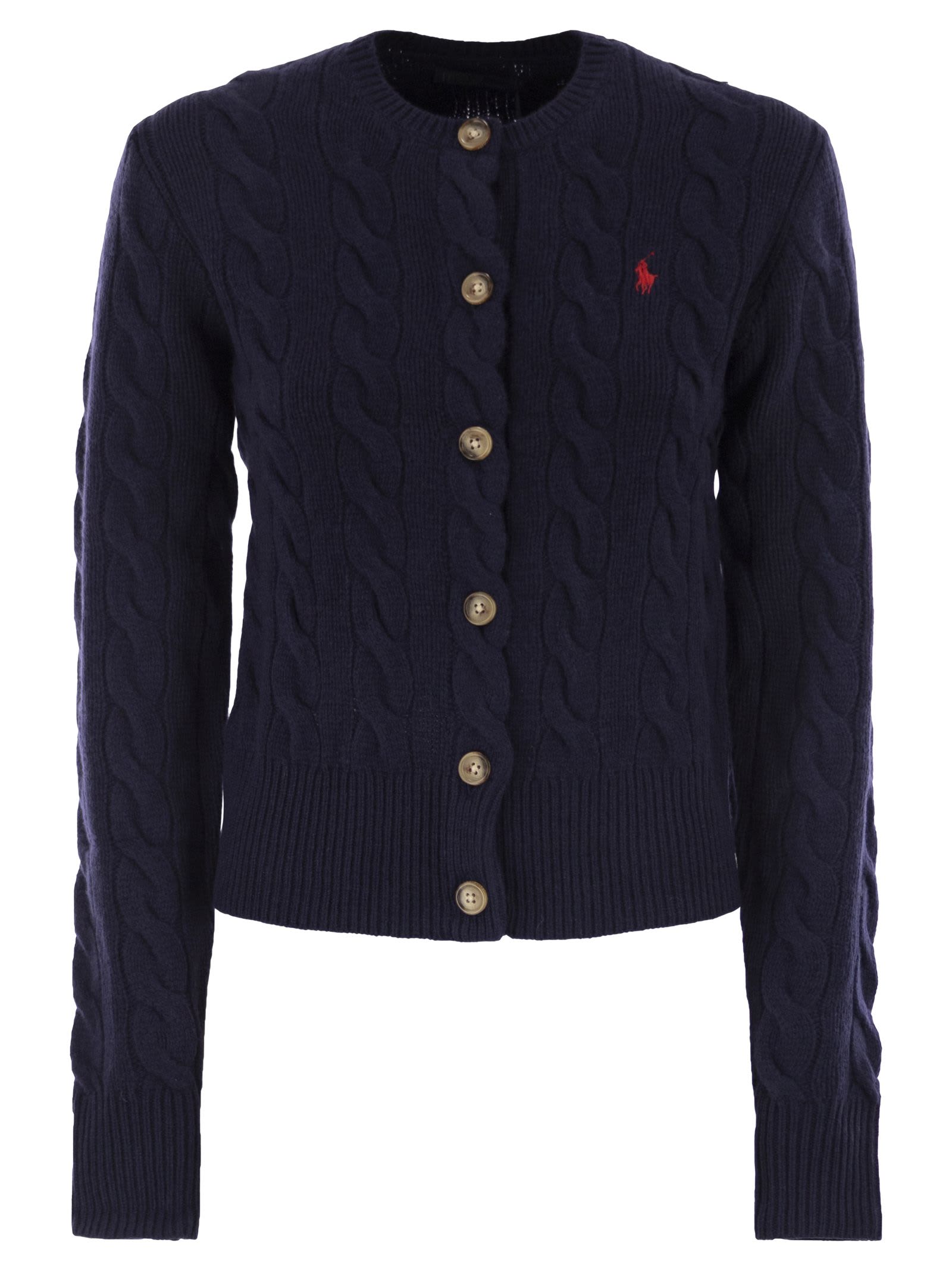 Polo Ralph Lauren Wool And Cashmere Cable Knit Cardigan In Blue