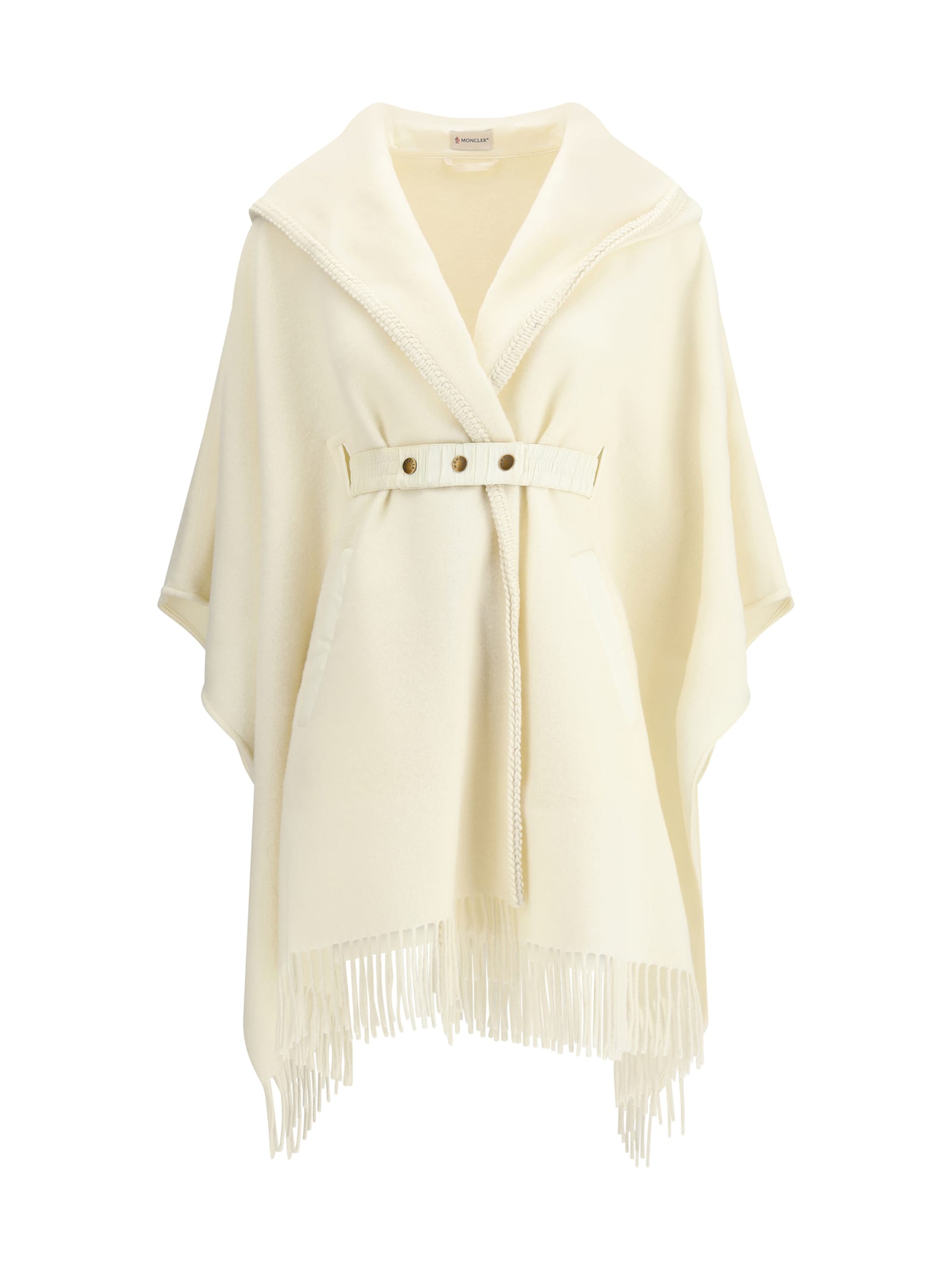 Moncler Belted Fringed Virgin Wool Cape In Neutral