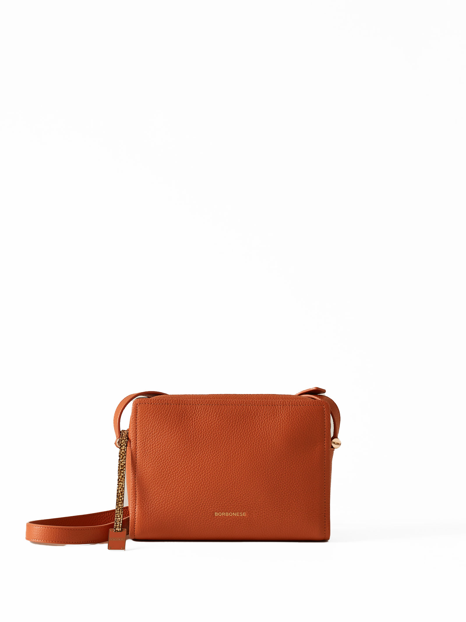 Shop Borbonese Bolt Medium Shoulder Bag In Grained Leather In Arancio/op Naturale