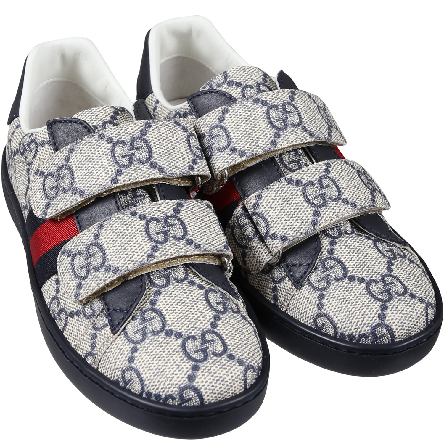 Gucci Blue Ace Sneakers For Kids With All-over Gg Logo In Blue