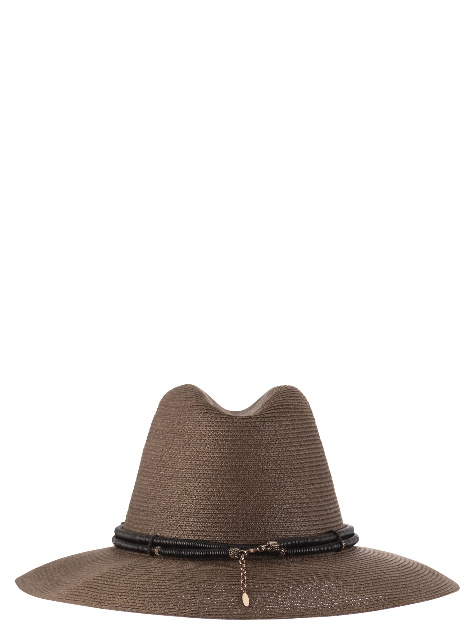 Brunello Cucinelli Women Fedora Made Of Hemp And Techno Cotton With Leather Band And Necklace