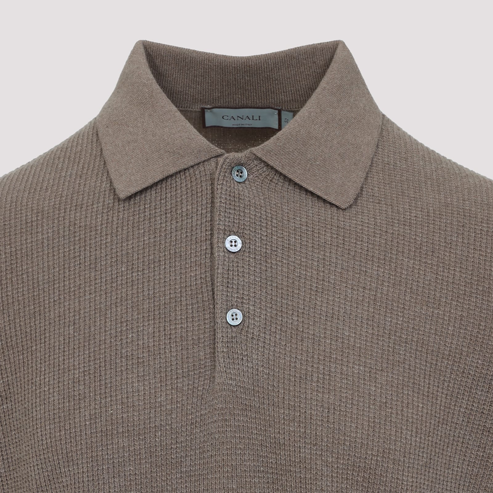 Canali Taupe Brown Wool Long Sleeves Suede Detail Polo In Brown
