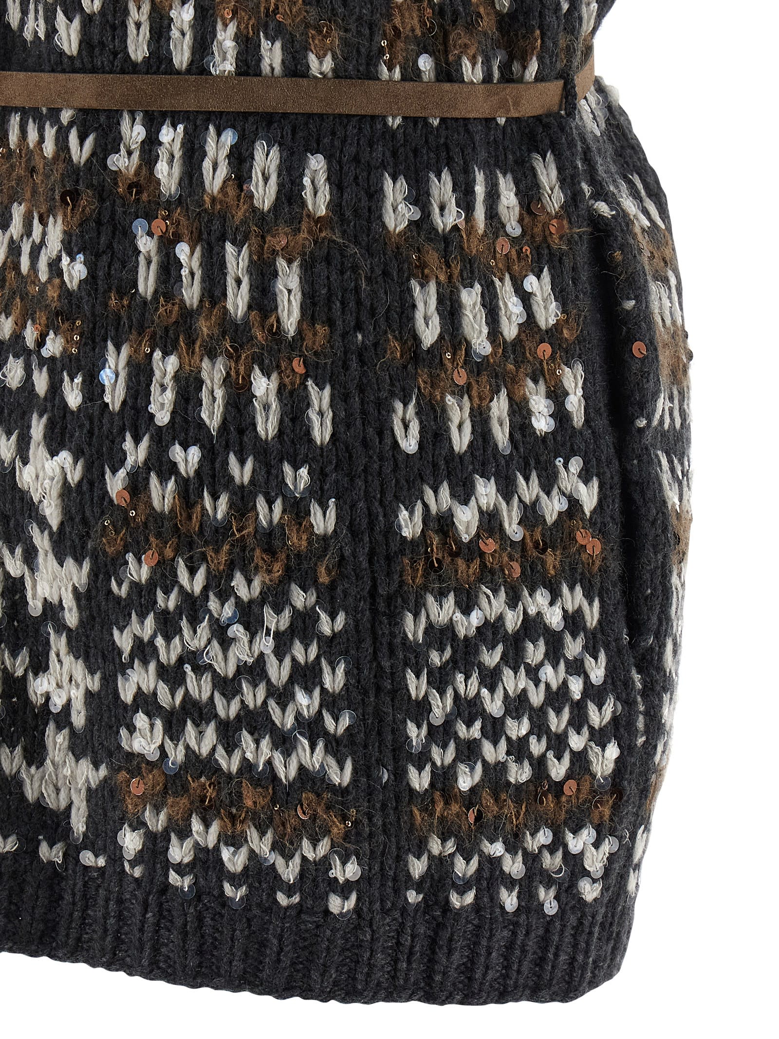 Brunello Cucinelli Houndstooth-pattern Short-sleeve Cardigan In Gray