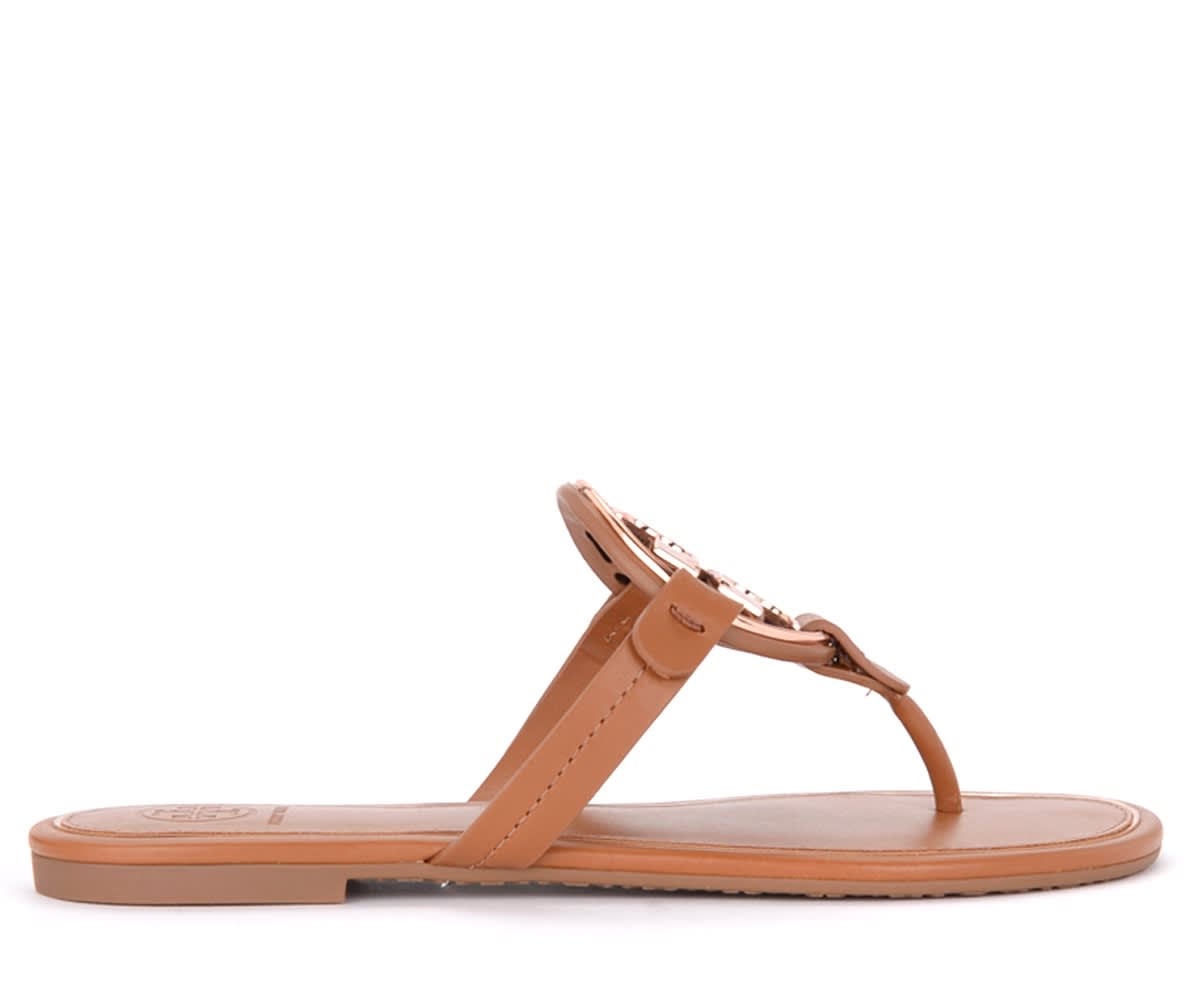 Tory Burch Miller Leather Sandal With Pink Logo.