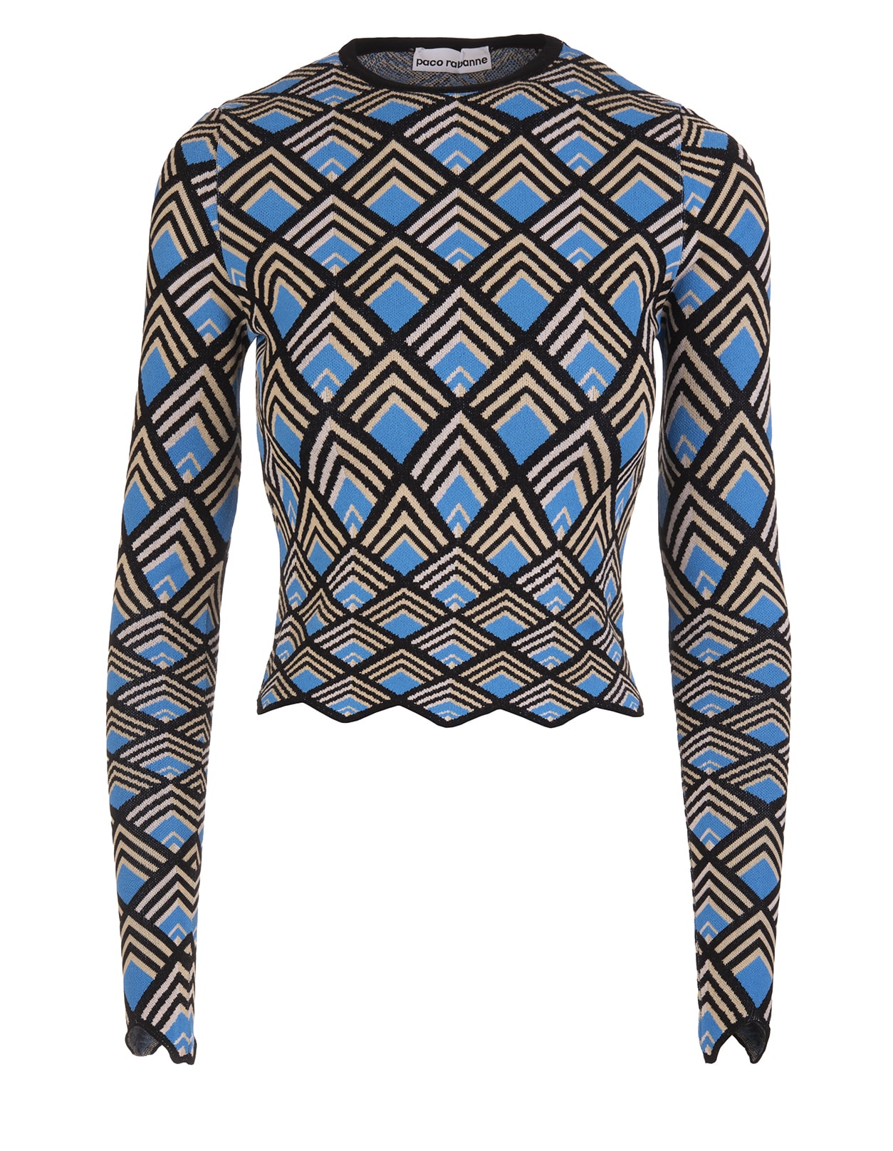 Paco Rabanne Black Long Sleeve Top With Blue, Gold And Silver Geometric Pattern