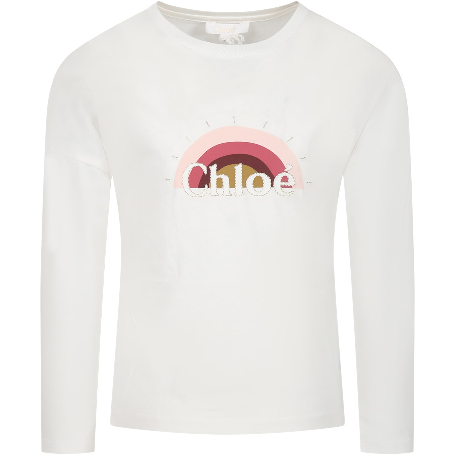 CHLOÉ IVORY T-SHIRT FOR GIRL WITH PRINT AND LOGO