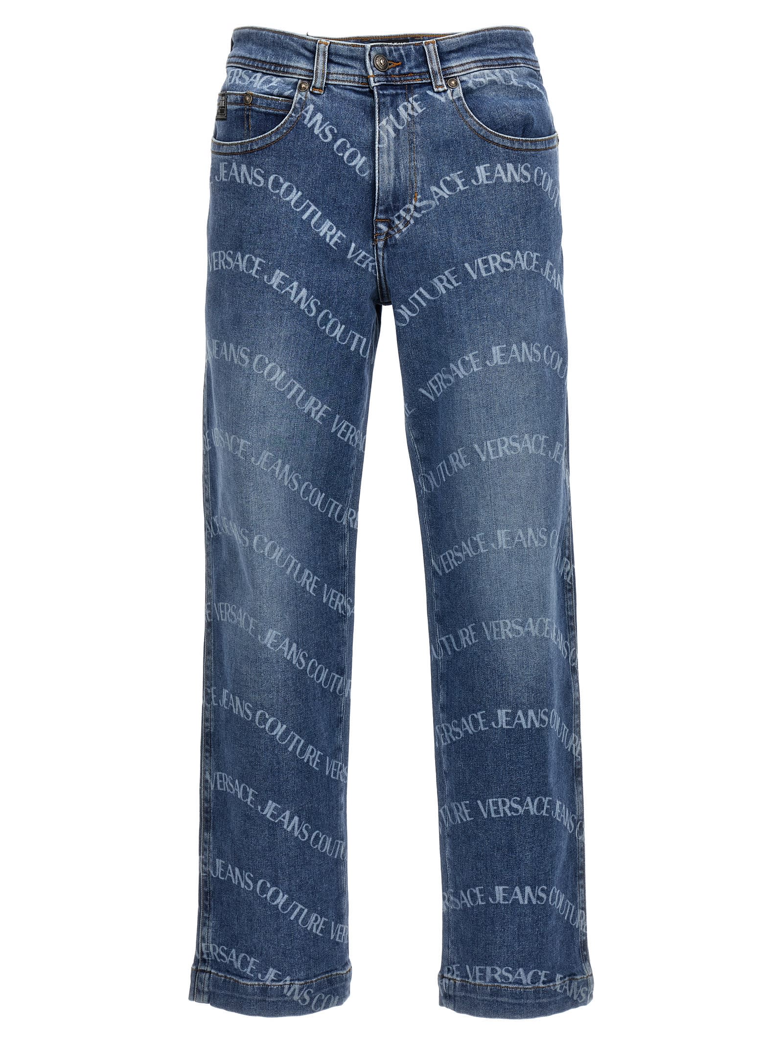 Shop Versace Jeans Couture Logo Print Jeans In Light Blue