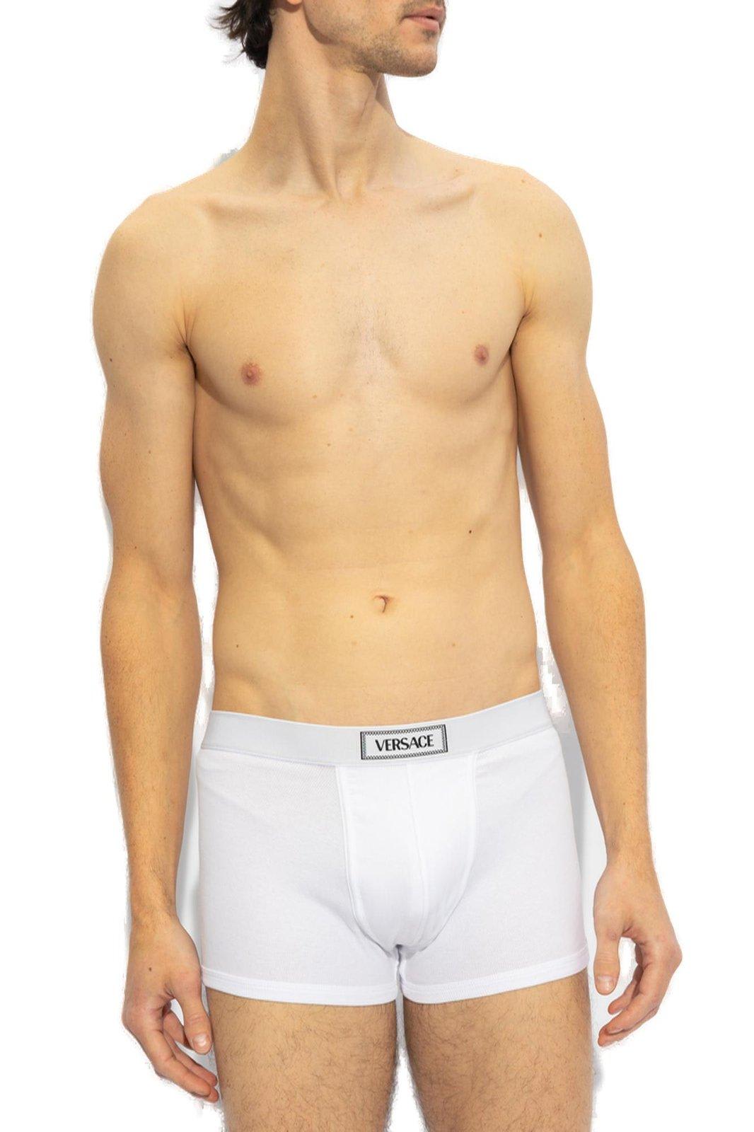 Shop Versace 90s Logo-waistband Stretched Boxer Briefs In White