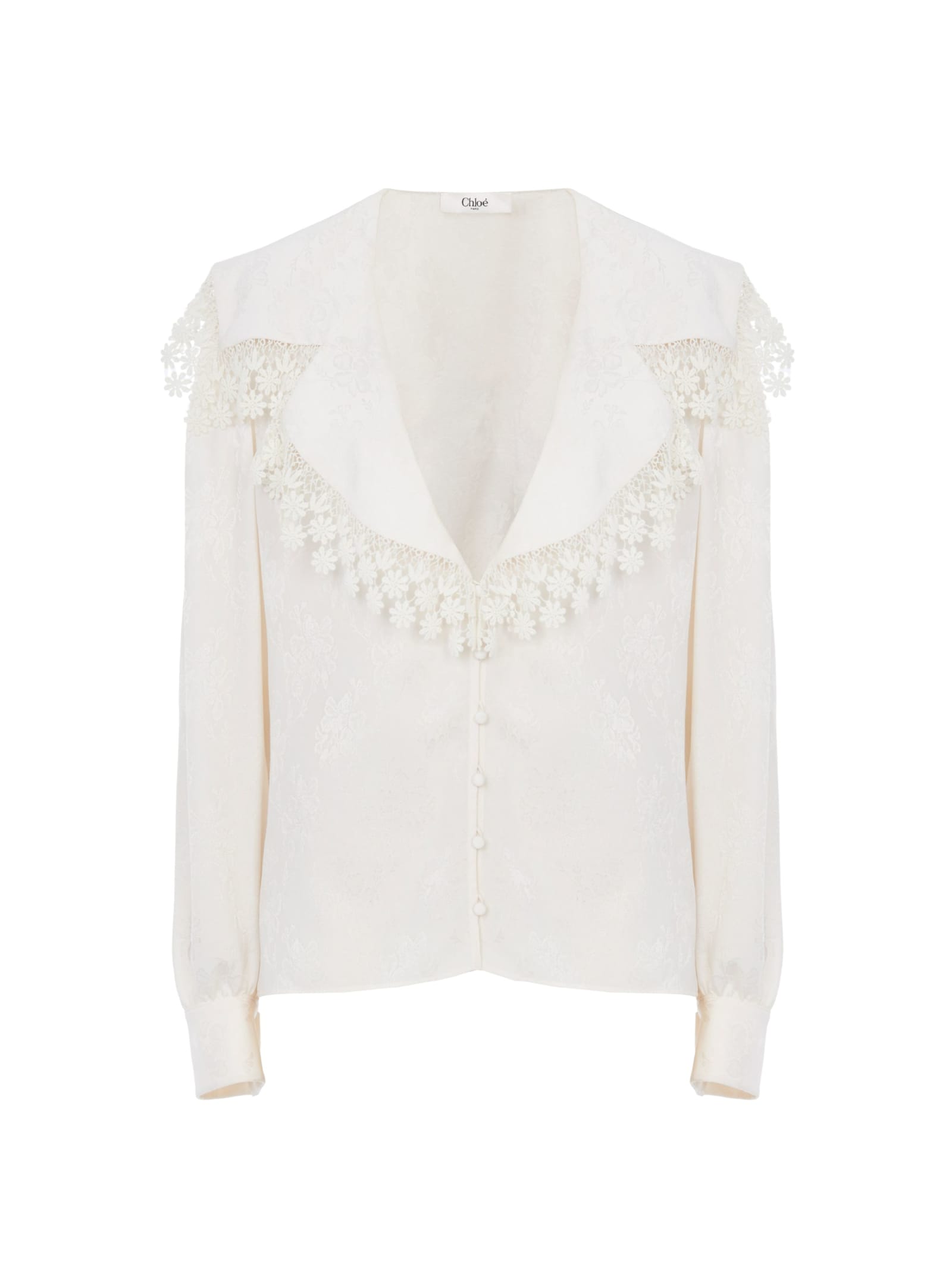 Chloé Blouse Col Oversize En Soie Jacquard Et Dentelle In White