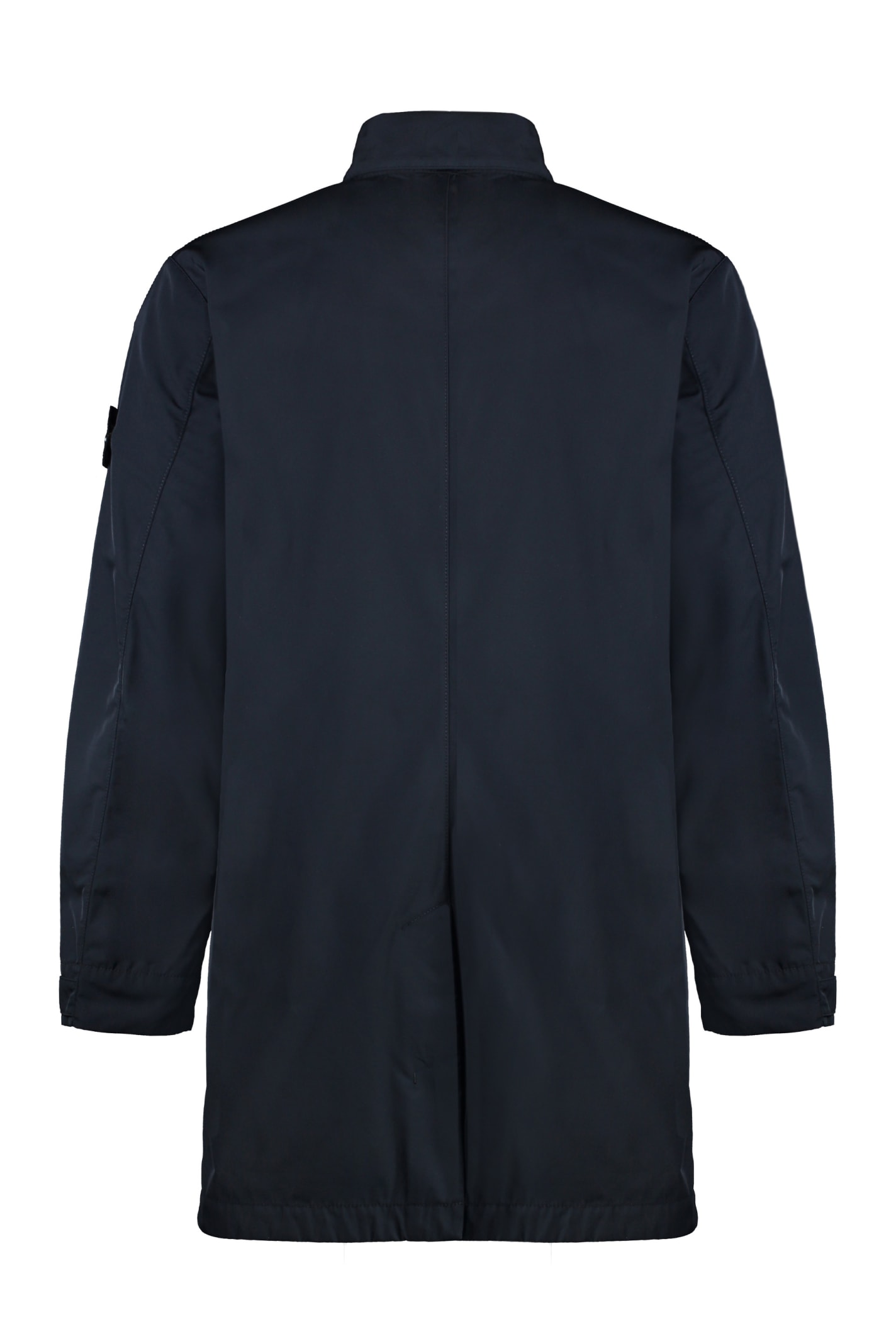 Stone Island Fabric Overcoat With Stand-up Collar And Back Vent In Blue