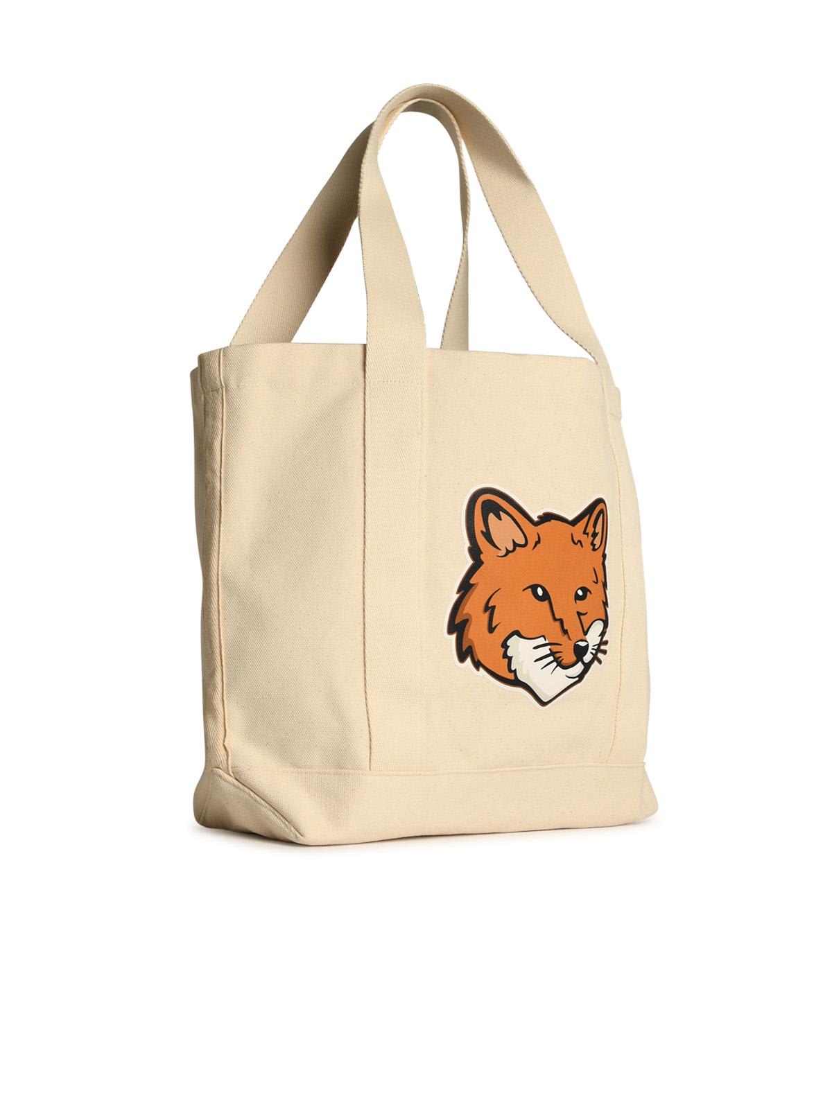 MAISON KITSUNÉ FOX HEAD LIGHT BEIGE COTTON SHOPPING BAG