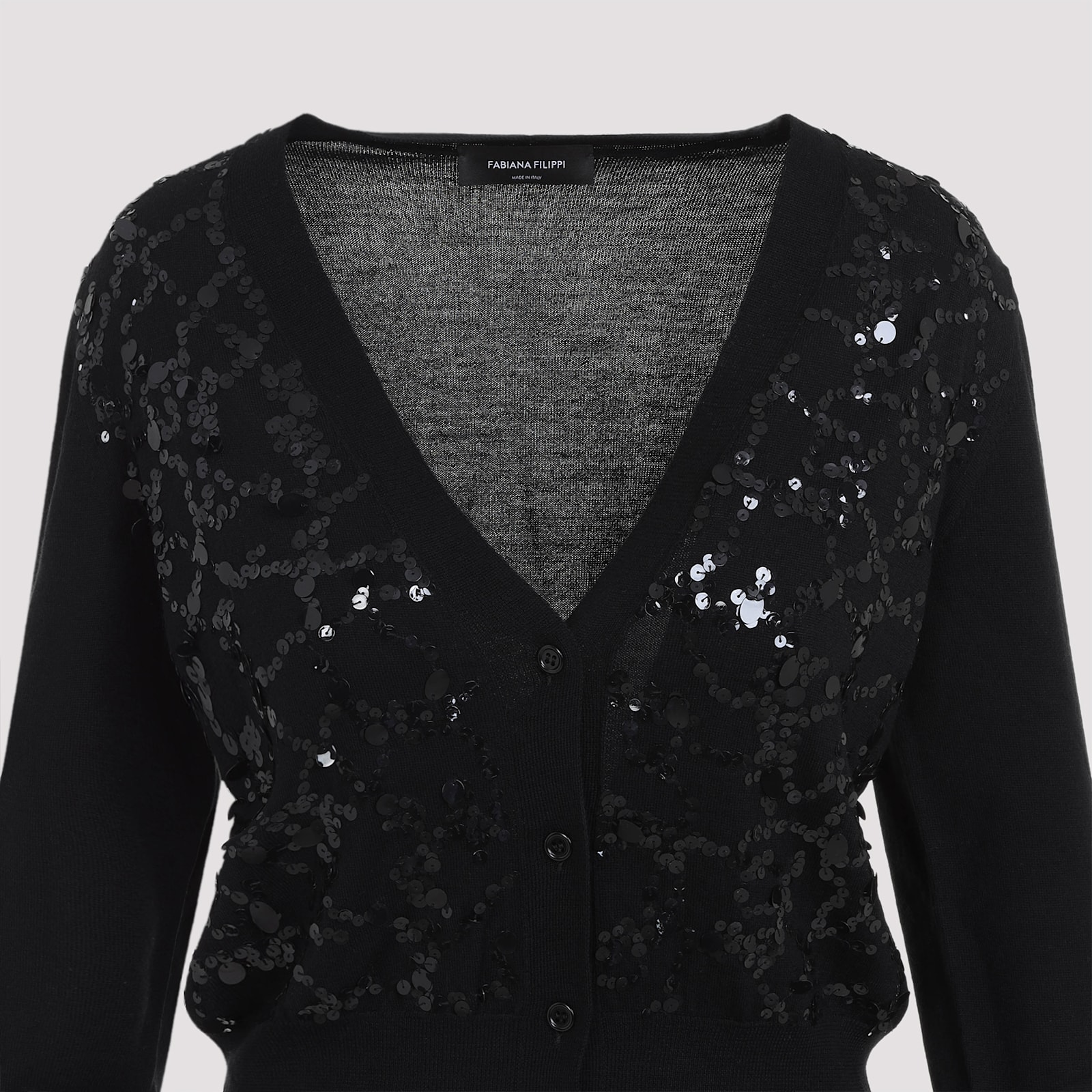 Fabiana Filippi V-neck Wool Blend Cardigan With Front Sequins Detail In Black