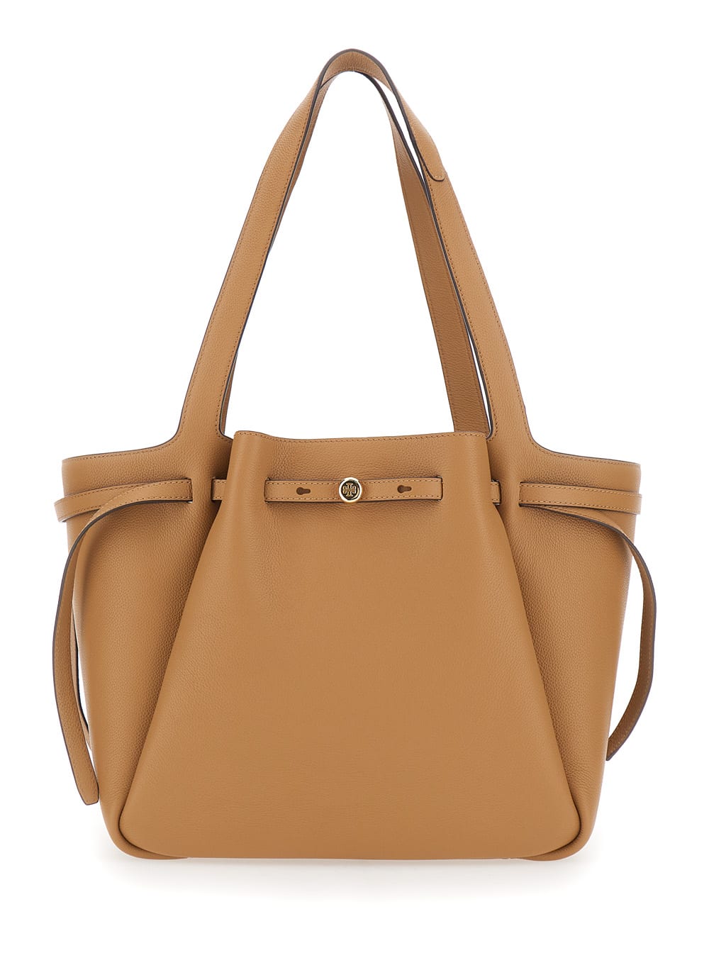 Tory Burch Romy Beige Tote Bag With Adjustable Drawstring Closure And Logo Detail On The Front In Grained Leath In Sand