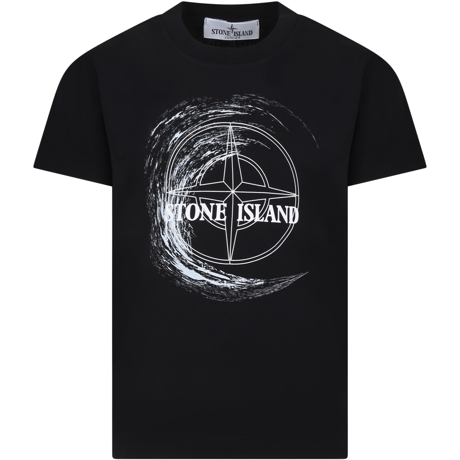 Stone Island Kids' Black T-shirt For Boy With Print And Logo In Nero