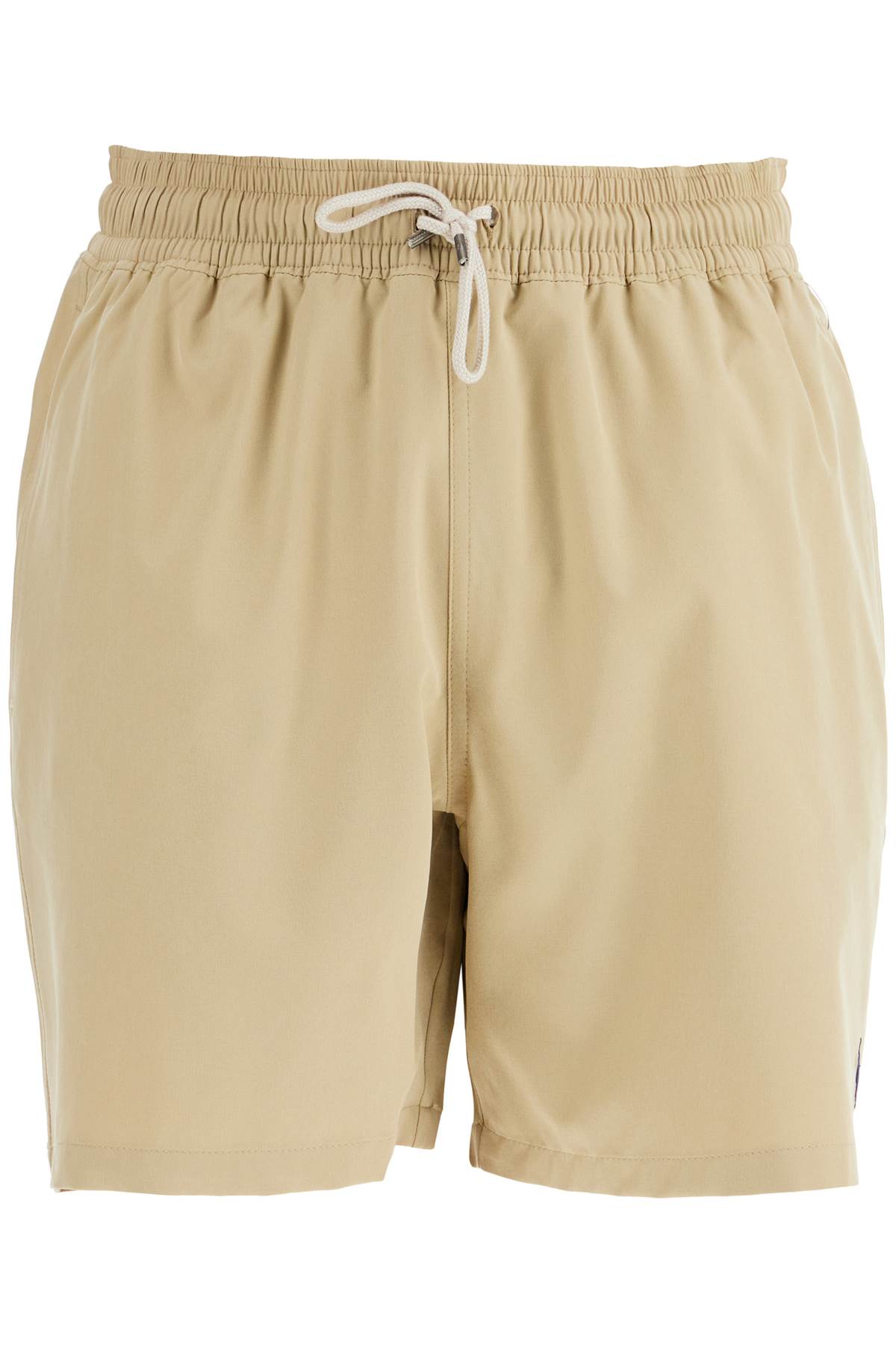 Beige Solid Color Mid-trunk Swim Trunks In Recycled Polyester With Pocket