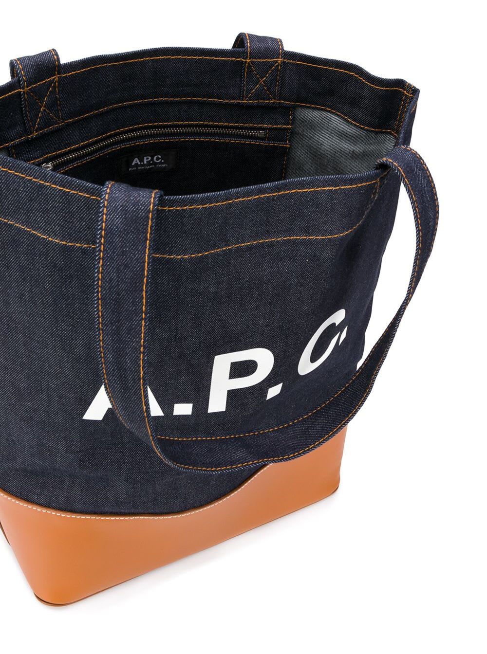 Shop Apc Axel Blue And Brown Handbag With Logo Print In Denim Woman