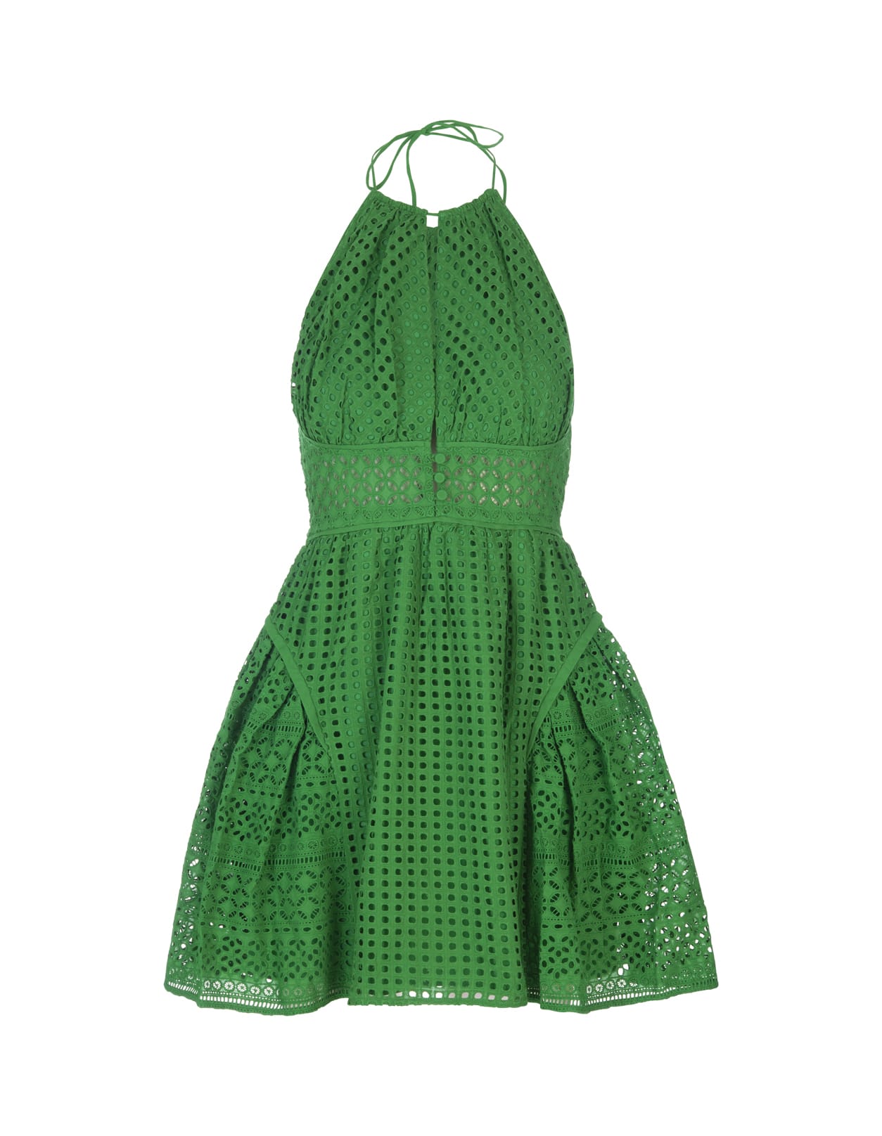 Self-portrait Bright Green Cotton Broderie Anglaise Halter-neck Mini Dress