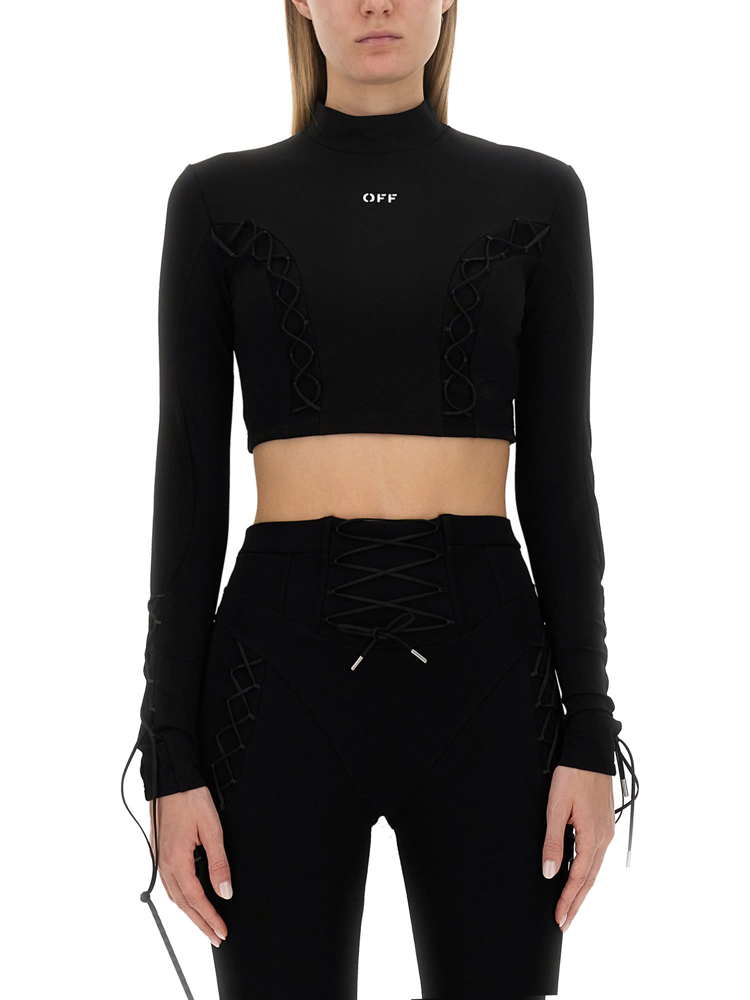 Off-white Laced Up Turtleneck Top In Black/white