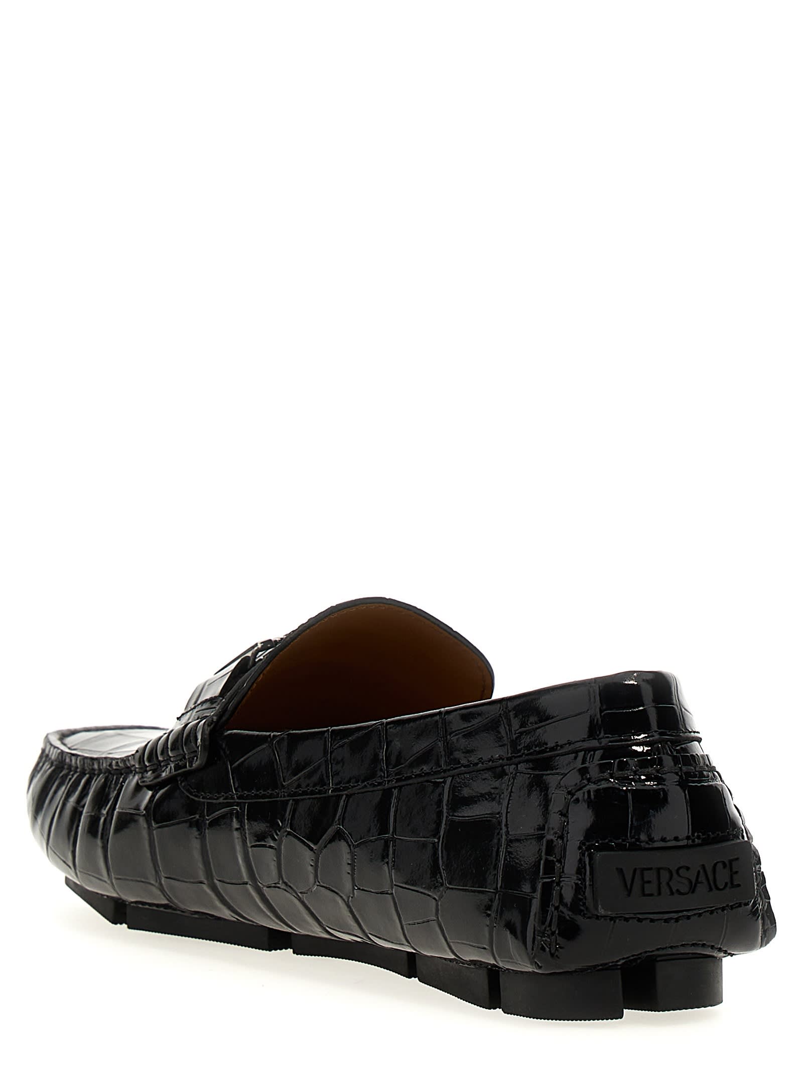 Shop Versace Greca Loafers In Black