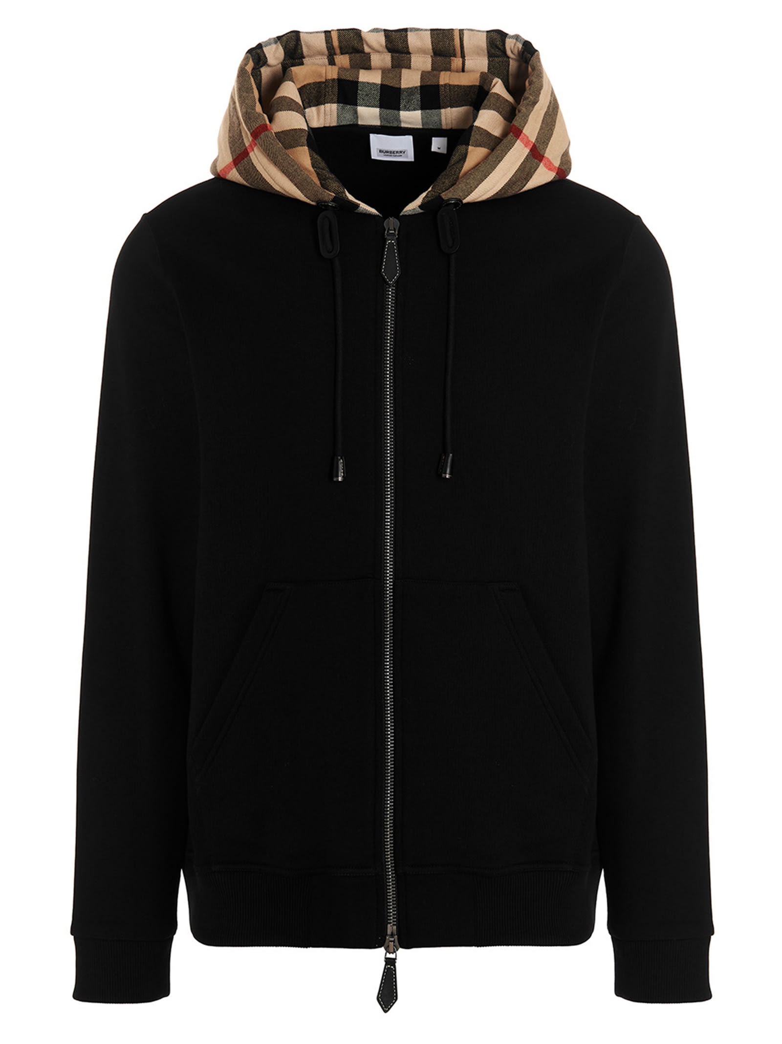 Burberry Check Detailed Zipped Drawstring Hoodie In Black