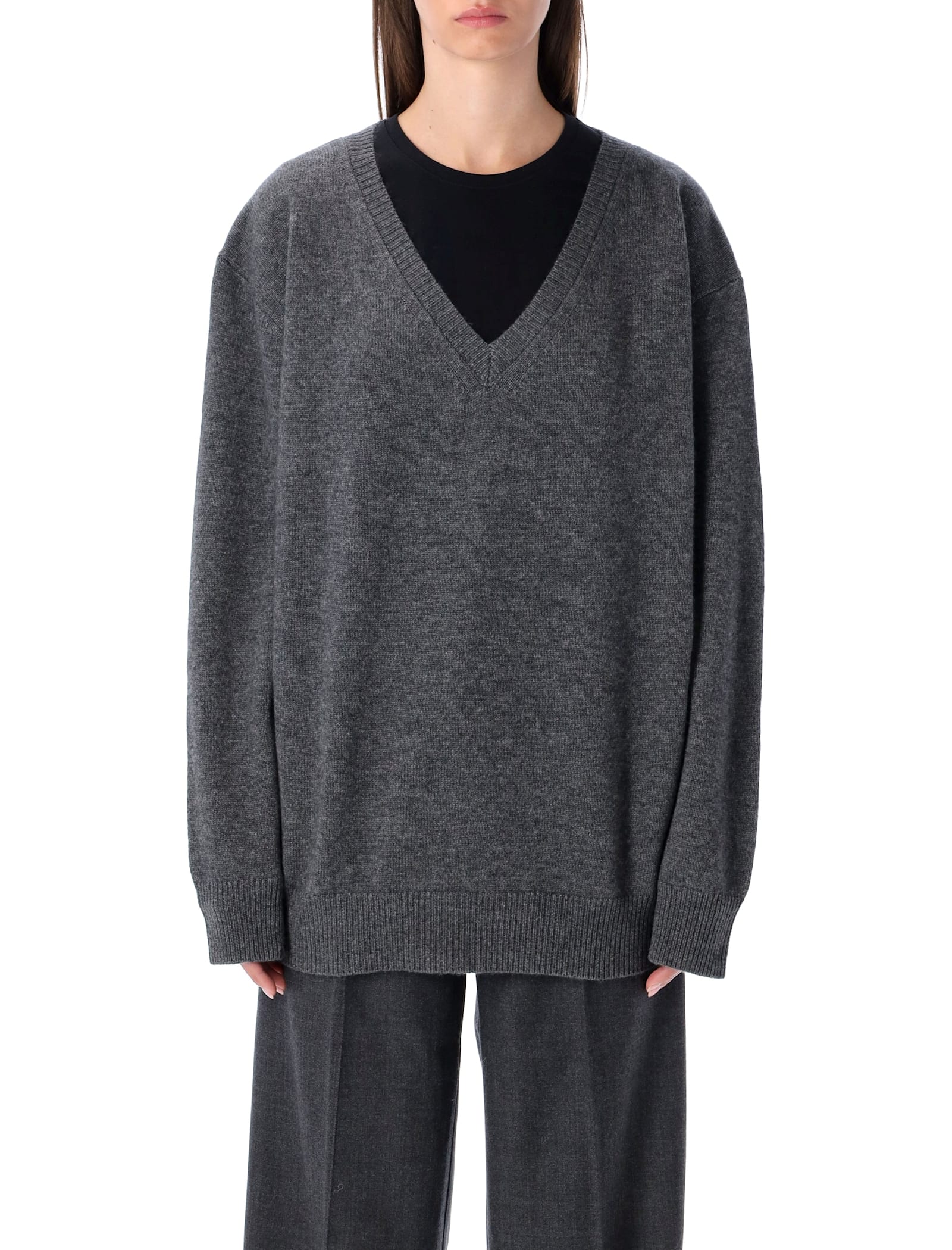 Rhea Costa Rhea Mid Grey Wool Cashmere V-neck Sweater In Gray