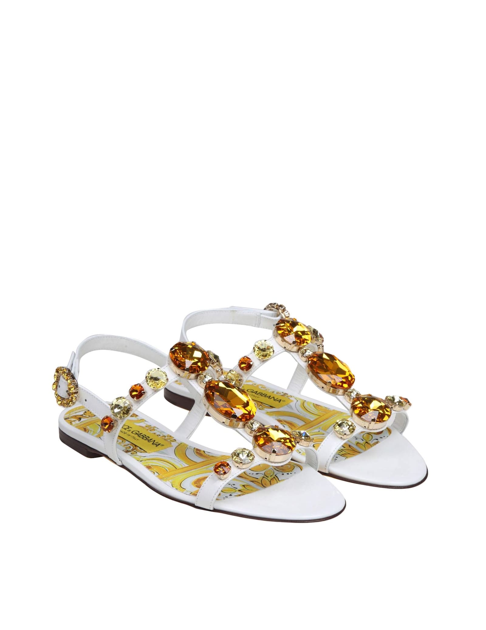 Shop Dolce & Gabbana Patent Leather Sandal With Applied Stones In White/multicolor