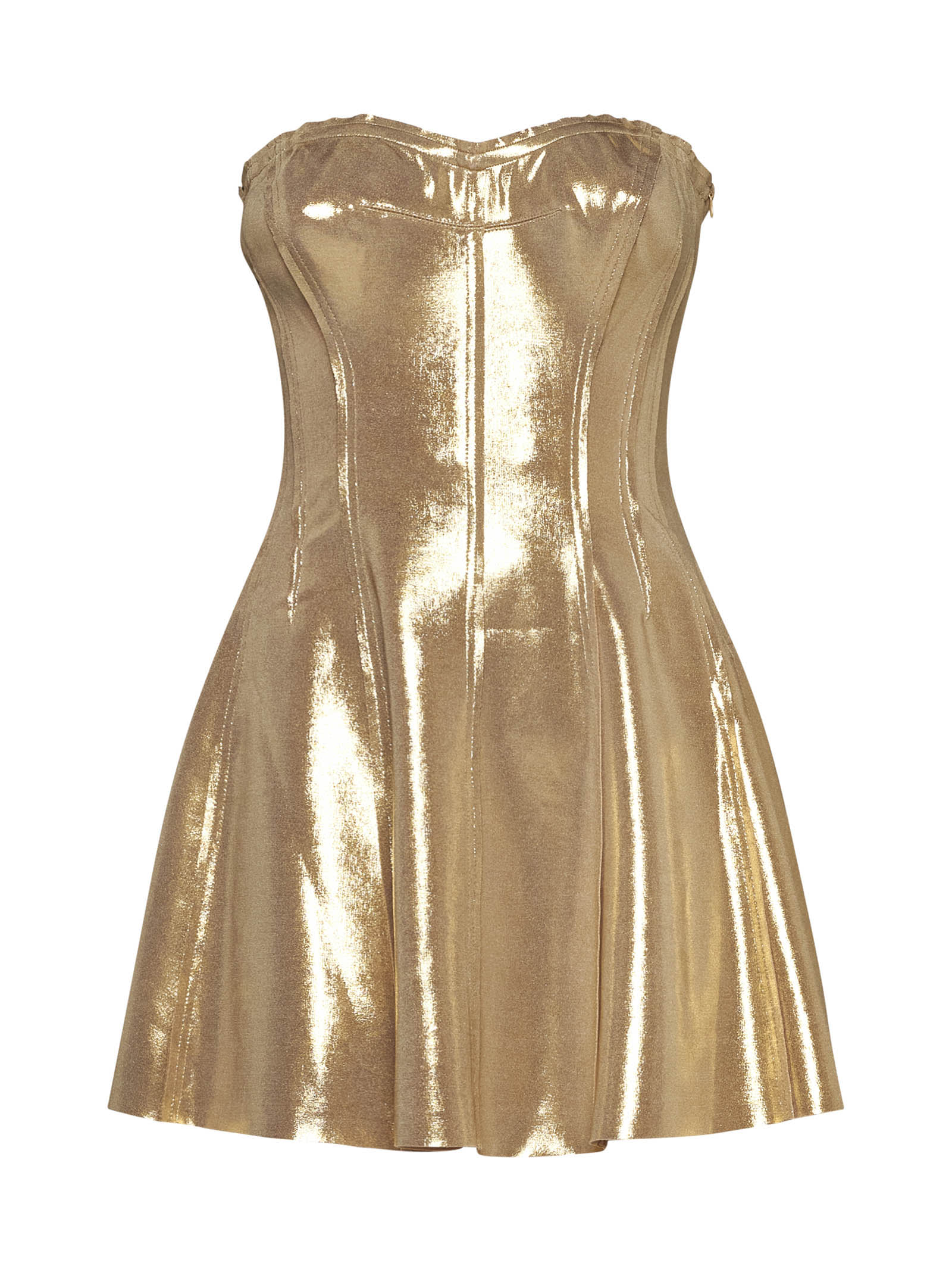 Shop Norma Kamali Off-shoulder Metallic Flare Short Dress In Golden