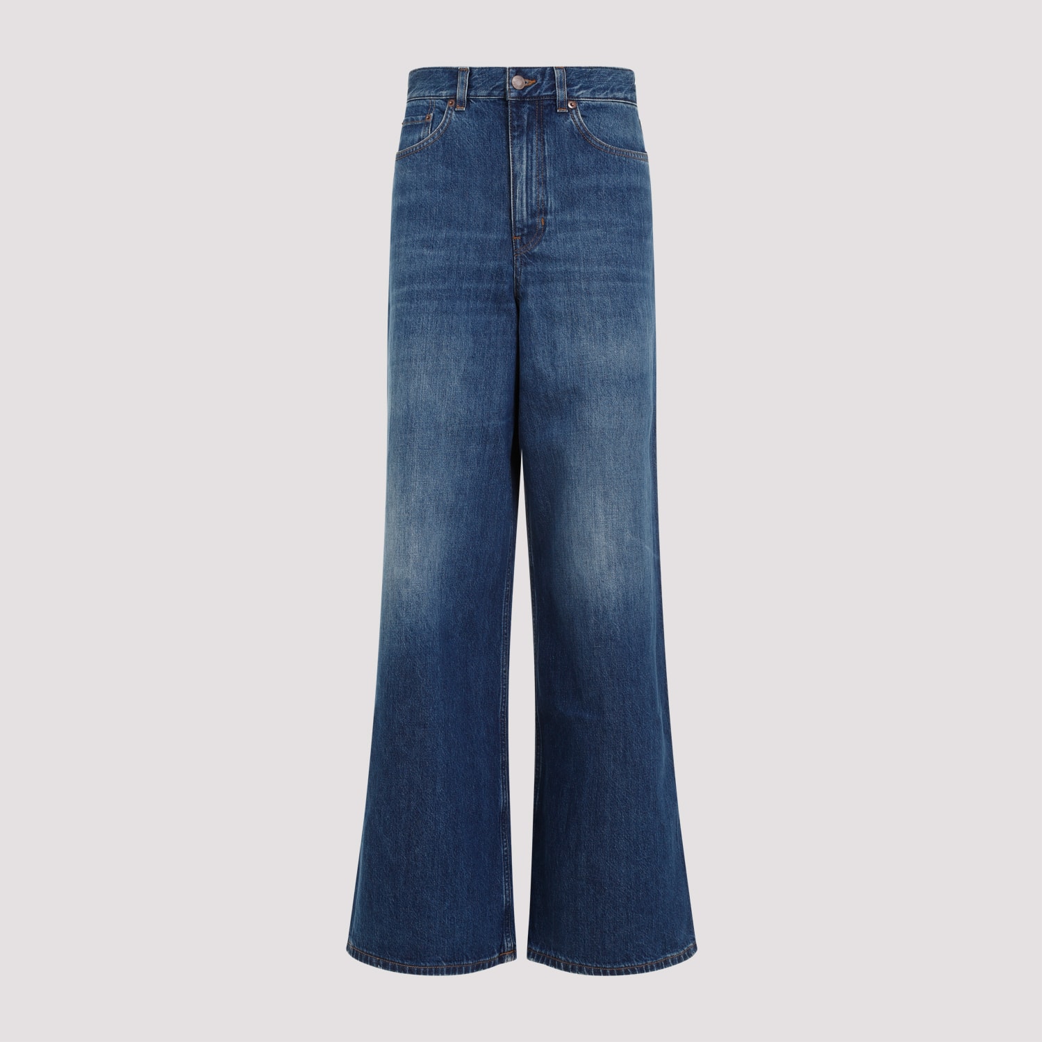 Chloé Blue High Waisted Jeans With Wide Leg And Logo Patch On The Rear In Denim Woman In Blue