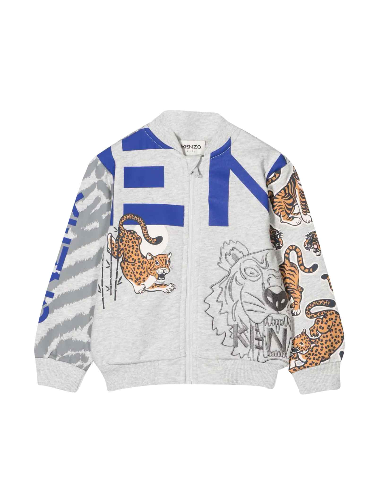 Kenzo Kids Grey Newborn Sweatshirt With Tiger Print, Round Neckline, Front Zip Closure, Long Sleeves And Straight Hem By Cotton 100%
