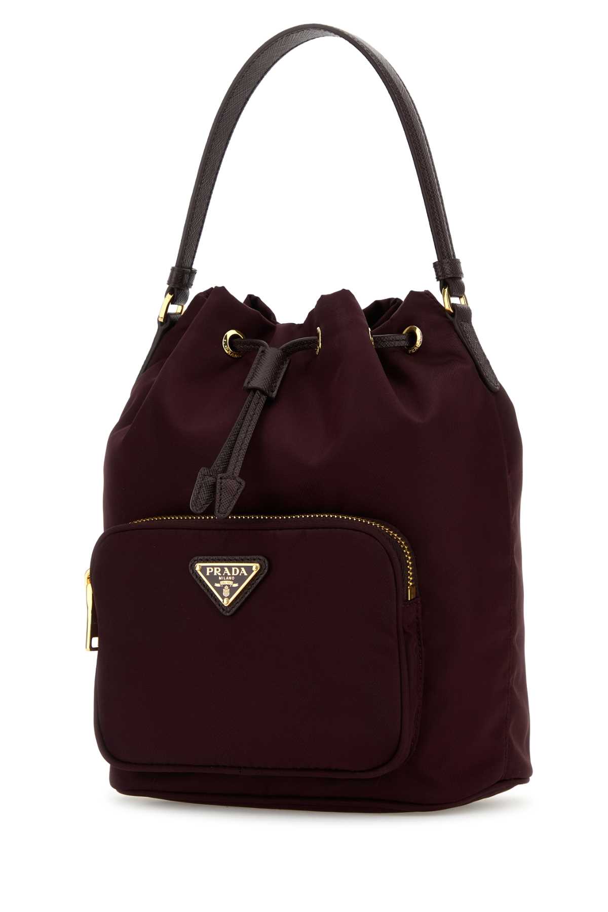 Prada Nylon Bucket Bag Leather Strap In Burgundy