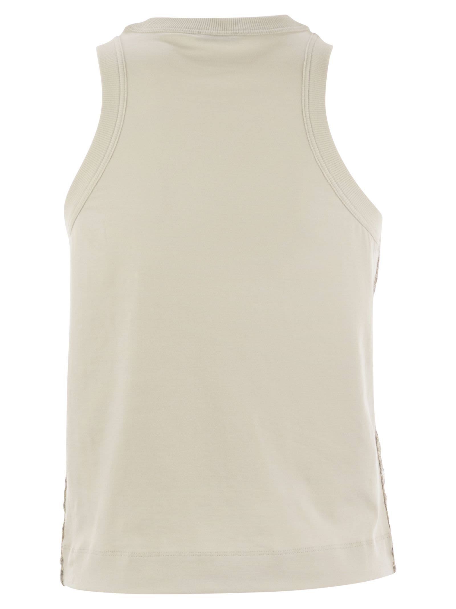 Brunello Cucinelli Stretch Cotton Jersey Top With Dazzling Net Embroidery In Light Beige