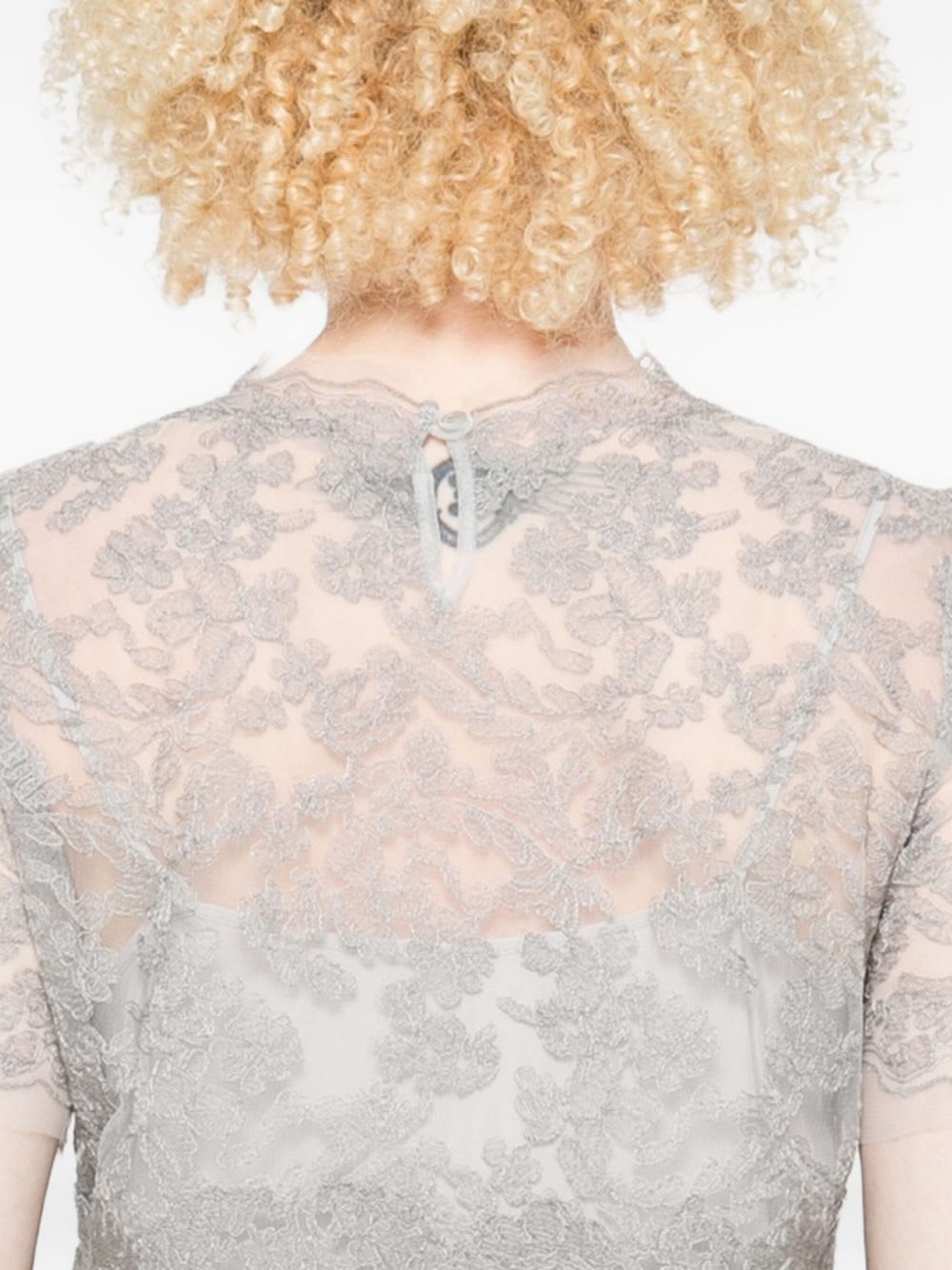 Ermanno Scervino Floral Lace Round Neck Sheer Top In Animal Print