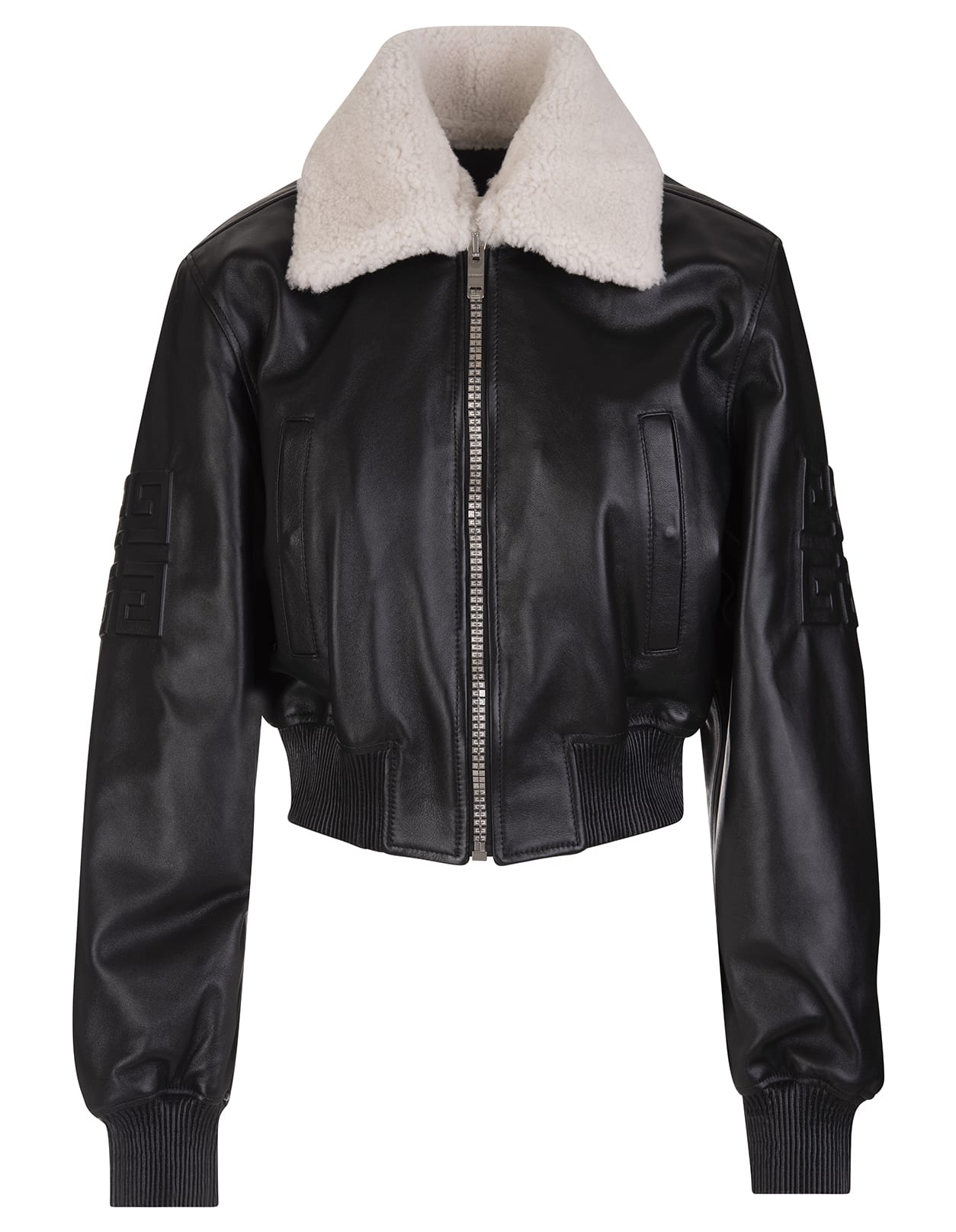 Givenchy Woman Bomber Jacket In Black Leather With White Shearling Collar