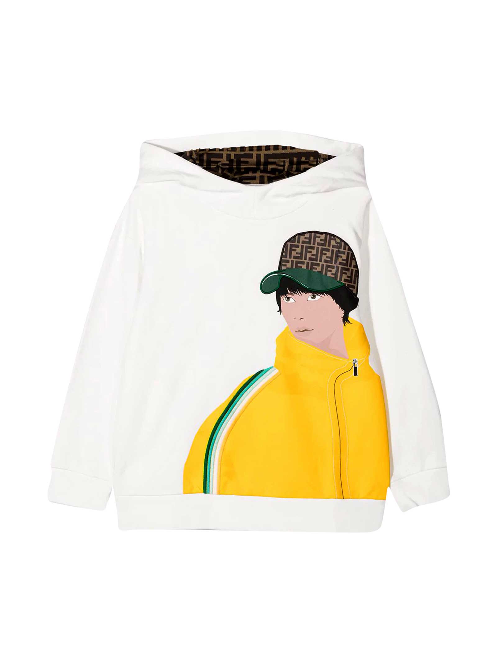 Fendi White Sweatshirt With Hood And Multicolor Print
