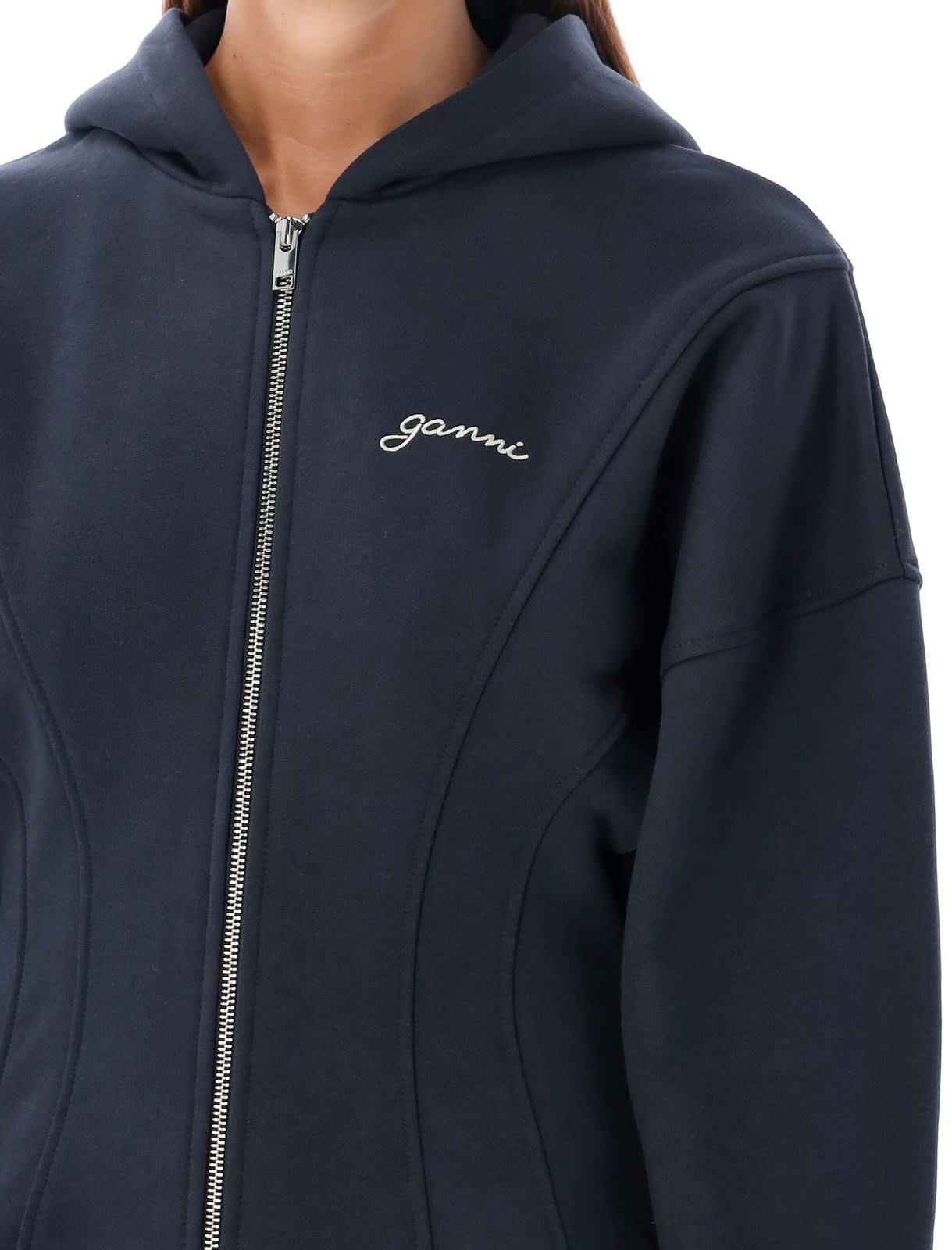 Shop Ganni Logo Embroidered Zipped Hoodie In Blue