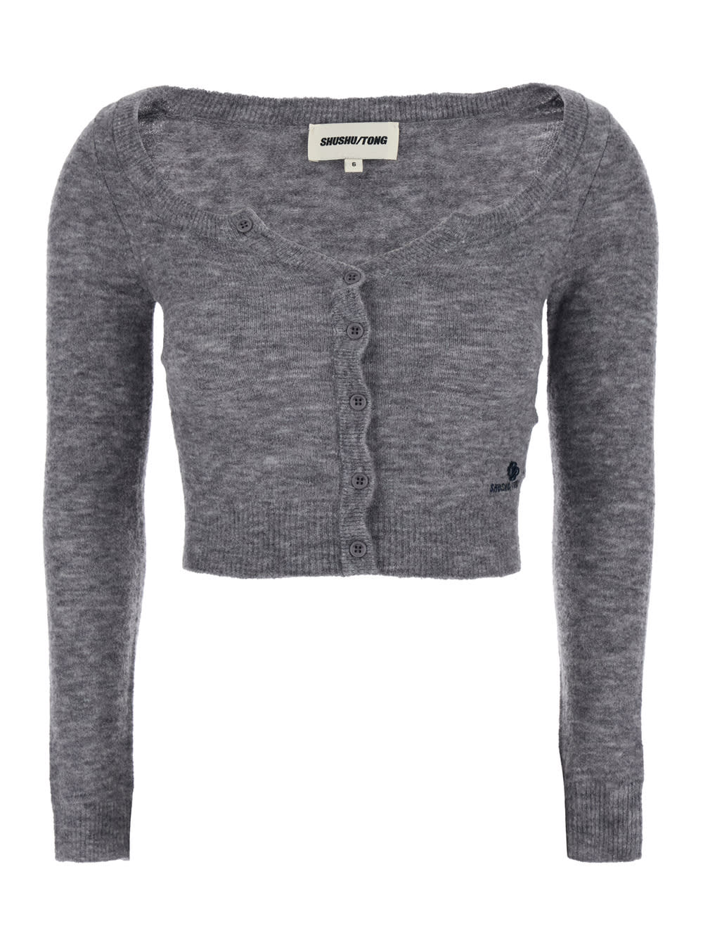 Shushu-tong Grey Cardigan With Wide Round Neck And Logo Embroidery On The Front In Wool Blend Woman In Gray