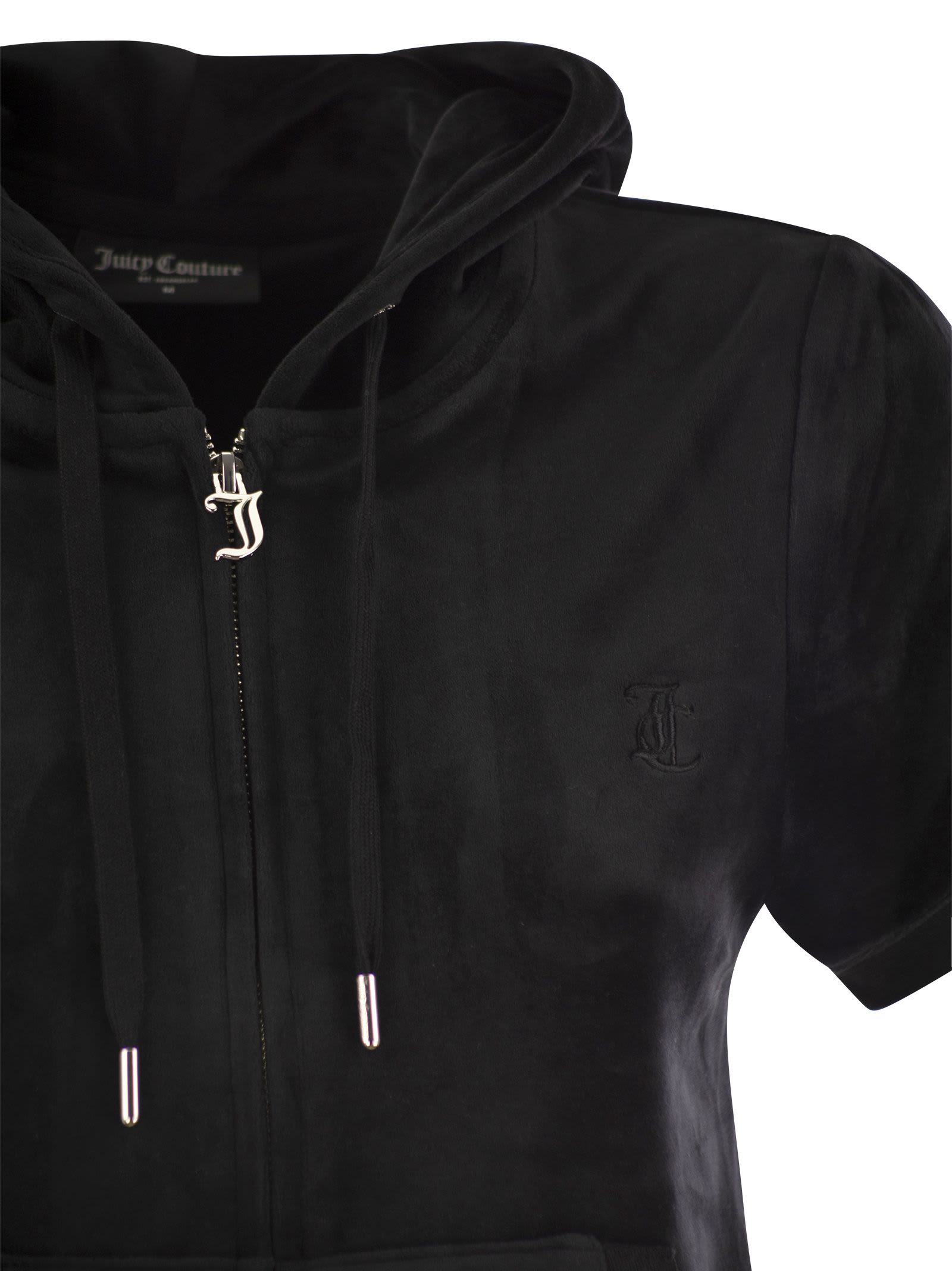 Shop Juicy Couture Short-sleeved Velvet Hoodie In Black