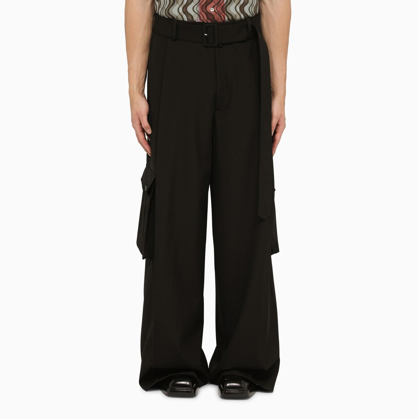 Black Wool Wide Trousers With Belt
