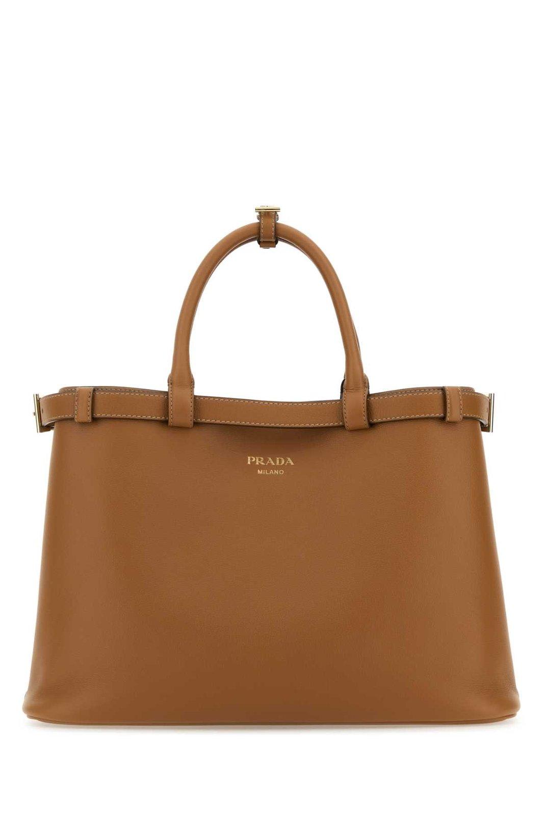 Shop Prada Logo-stamp Belted Medium Handbag In Brown