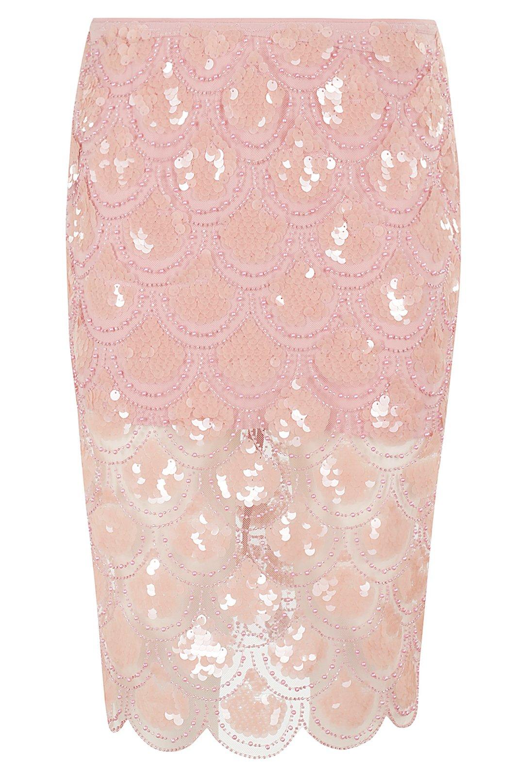 Shop Rotate Birger Christensen Sequin-embellished Mesh Pencil Skirt In Peachskin