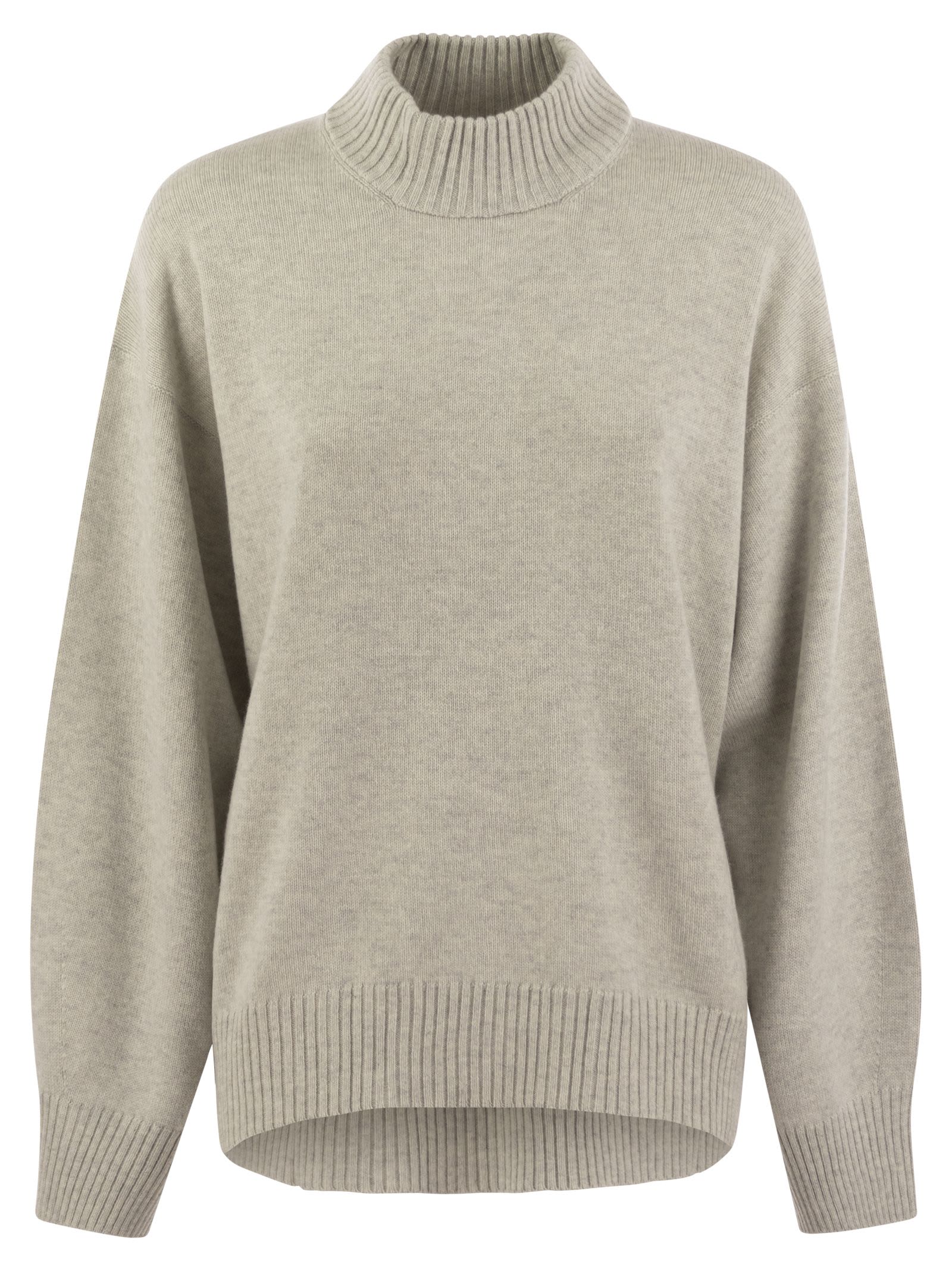 Shop Brunello Cucinelli Cashmere Chimney Neck Sweater With Shiny Cuff Details In Light Grey