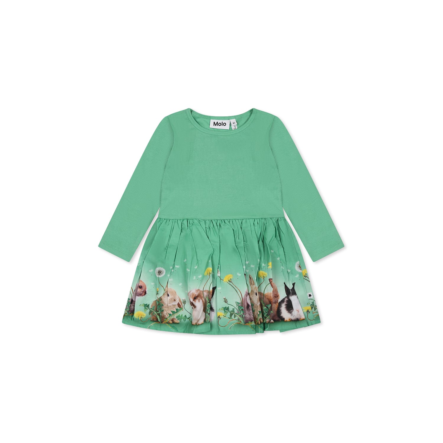Molo Green Dress For Baby Girl With Rabbit In Green
