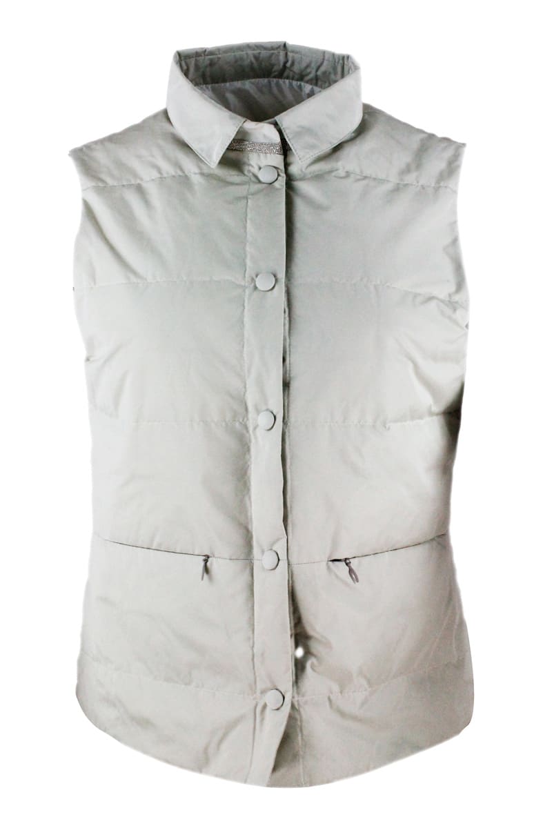 Fabiana Filippi Light Sleeveless Gilet In Real Goose Down With Button Closure, And With Monili On The Neck